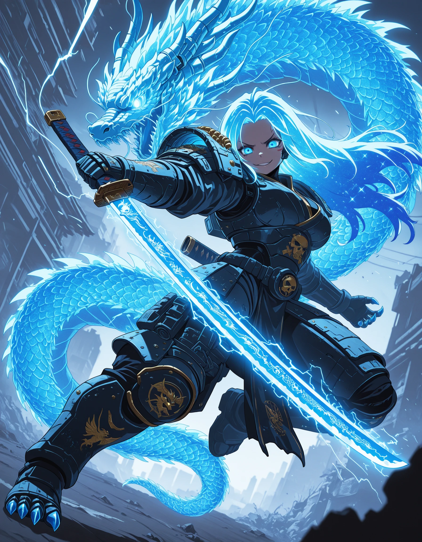 Flatline, Flat vector illustration,,masterpiece, best quality, good quality, very aesthetic, absurdres, newest, 8K, depth of field, focused subject, dynamic angle, dutch angle, Tall female cyberpunk dragon samurai , glowing hair, glowing eyes, high tech warhammer 40k armor,full cyborg,dynamic pose, electricity sparks,evil smile, wielding a blue burning katata, blue glowing katana, holographic dragon in background, holofoil glitter, faint, glowing, ethereal, neon hair, long hair, glowing hair, flowing hair, otherworldly glow, dangerous,cyber claws,tail,<lora:ZankuroIXLLight_v2:0.85> <lora:ElementalDragonSamuraiIL-000016:0.85>
