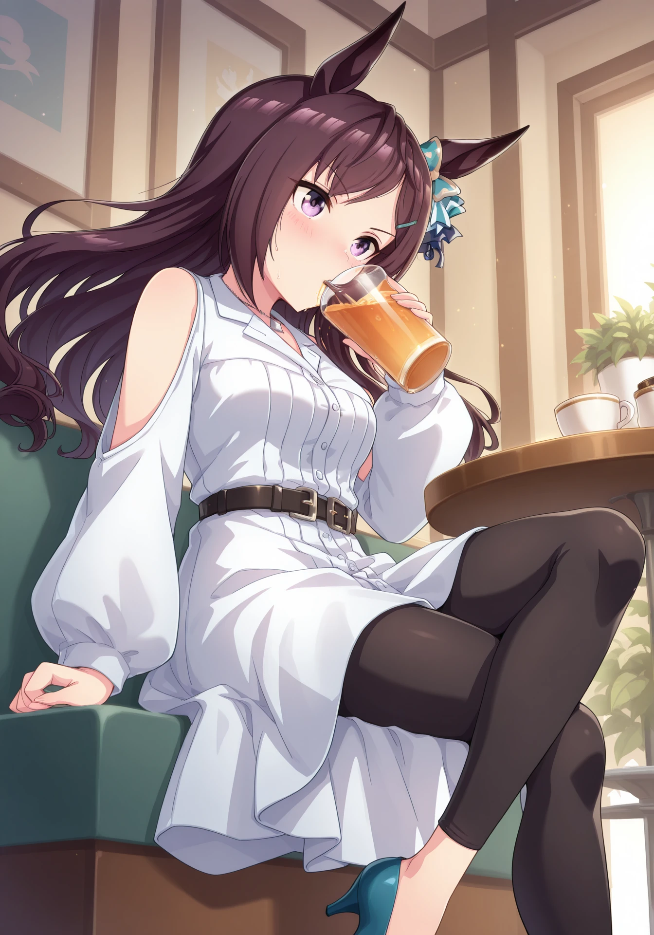 umaofficial,1girl,solo,MDober,black hair,purple eyes,horse girl,long hair,medium breasts,
MDcasual,white dress,shoulder cutout,black leggings,white necklace,black belt,cyan pumps,green ear ornament,green hair clip,parted bangs,
dynamic pose,indoors,cup,drinking,juice,sitting,blush,cafe,
masterpiece,best quality,highres,amazing quality,<lora:MejiroDoberILV2-000001:1>,<lora:UmaOfficialILV1.0:0.7>,