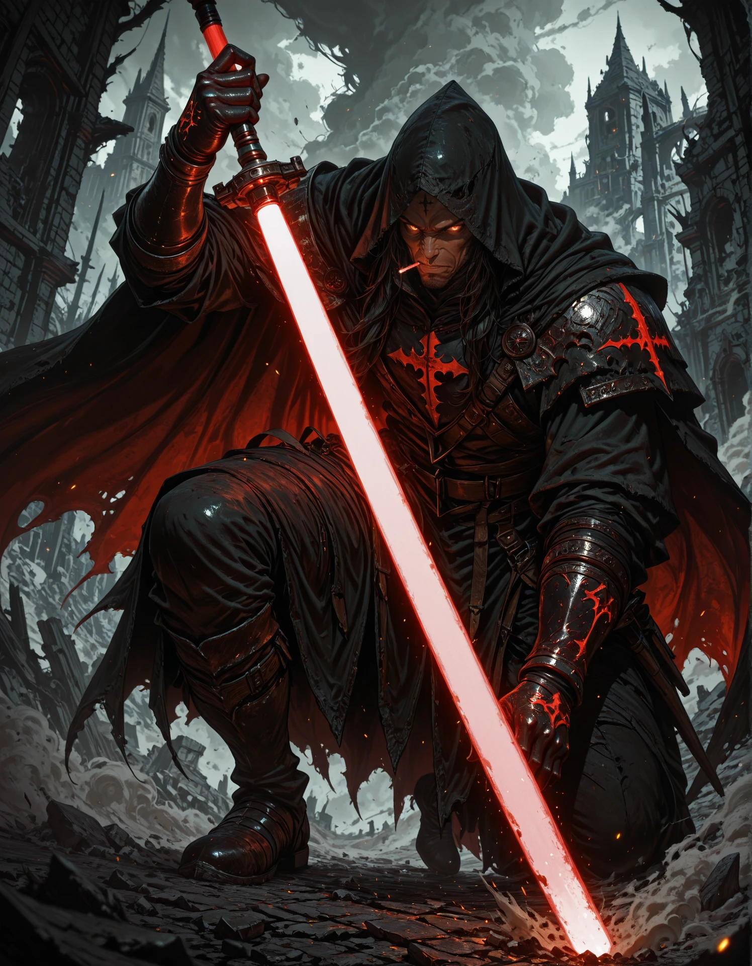 masterpiece, best quality,high quality, newest, highres,8K,HDR,absurdres, 1boy, solo, Sith, young, red lightsaber, evil, handsome, hood, long hair, broken battlefield, smoking ruins, defeated dragon in background, medieval fantasy, determined expression, torn cape, glowing embers, bloodstained gauntlets, cinematic lighting, dynamic pose, foreshortening, intense depth of field, epic composition, heroic warrior, gritty realism, medieval battlefield, dust and ash in air, intricate details, medieval legend aesthetic., detailed background, dynamic pose, dynamic composition,dutch angle, detailed backgroud,foreshortening,blurry edges <lora:iLLMythG0thicL1nes:1> G0thicL1nes
