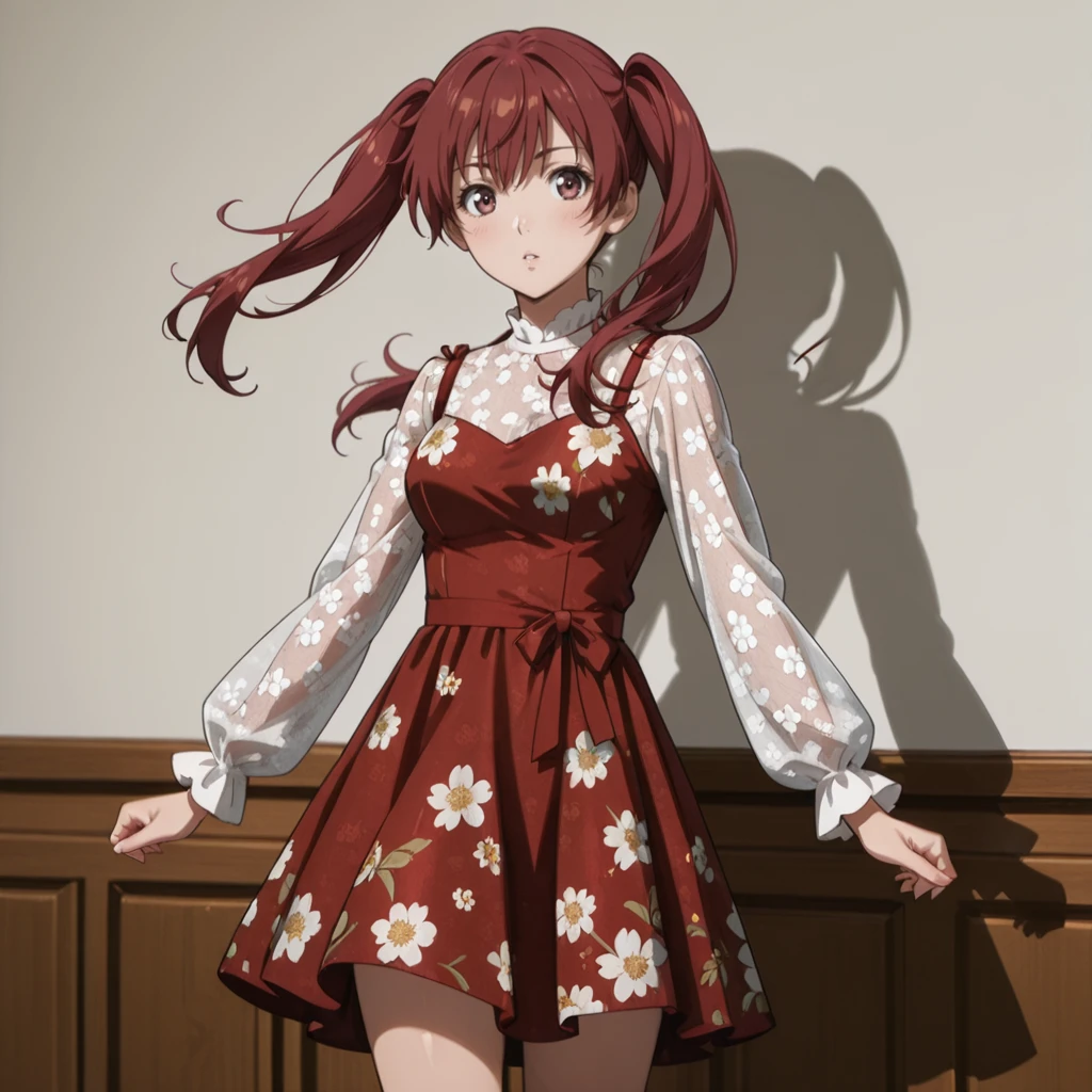 <lora:RingoOVA_illustrious_v1:1>RingoOVA, 1girl, twintails, long hair, red hair, cowboy shot, <lora:FloralJskDressILL:0.7> dress,floral print,long sleeves
