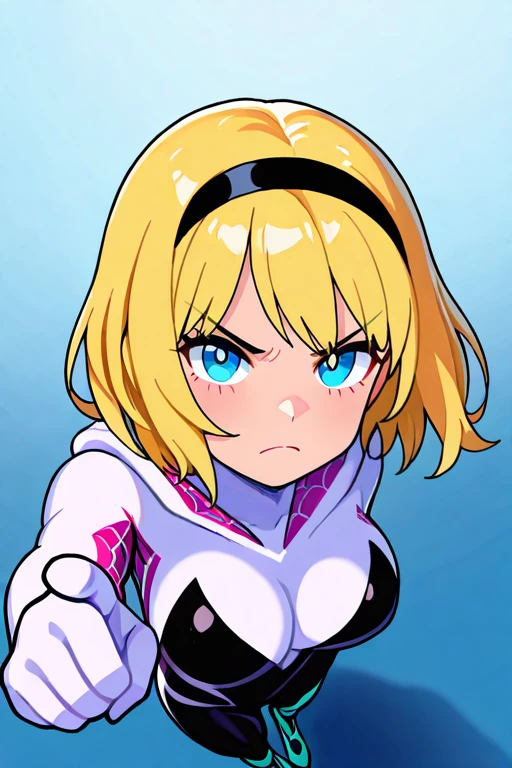 masterpiece, High quality, Ultra detailed, 2d, newest, absurdres, highres, BREAK
1girl, solo, superhero, <lora:Spider_Gwen:0.8>, ghost_spider_(spider-verse), short hair, blonde hair, hairband, blue eyes,
large breasts, GwenDef, bodysuit, hooded bodysuit, spider web print, skin tight, ballet slippers,
from above, looking at viewer, angry, pointing at viewer, closed mouth,