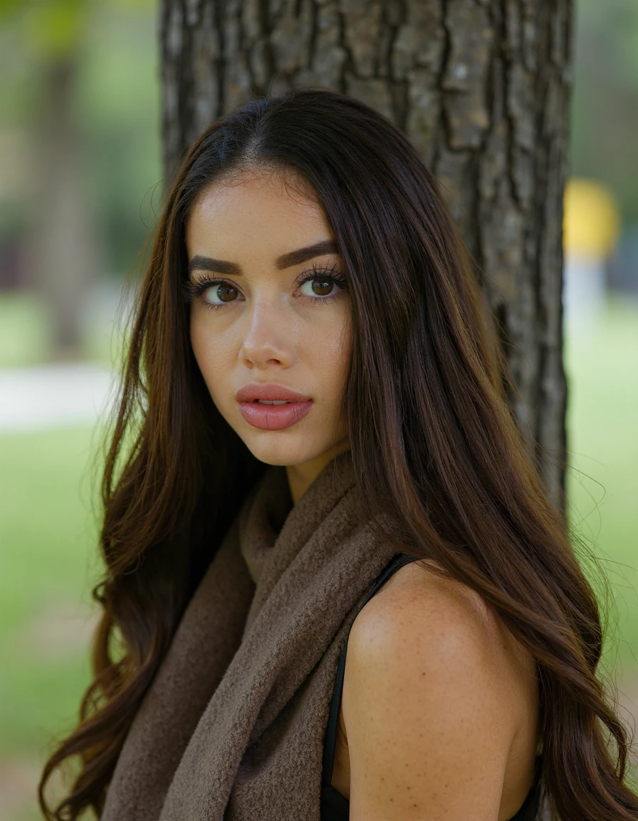Arafed Mujer con una camiseta blanca sin mangas y un collar, Chica sexy con ojos verdes, Retrato de Sophie Mudd, brown hair and big eyes, selfie de una mujer joven, ojos dormitorio, violeta myers, sin maquillaje, Maquillaje Natural, Looking directly at the camera, cara con artgram, maquillaje sutil, Impresionante foto de cuerpo entero, penetrantes ojos verdes