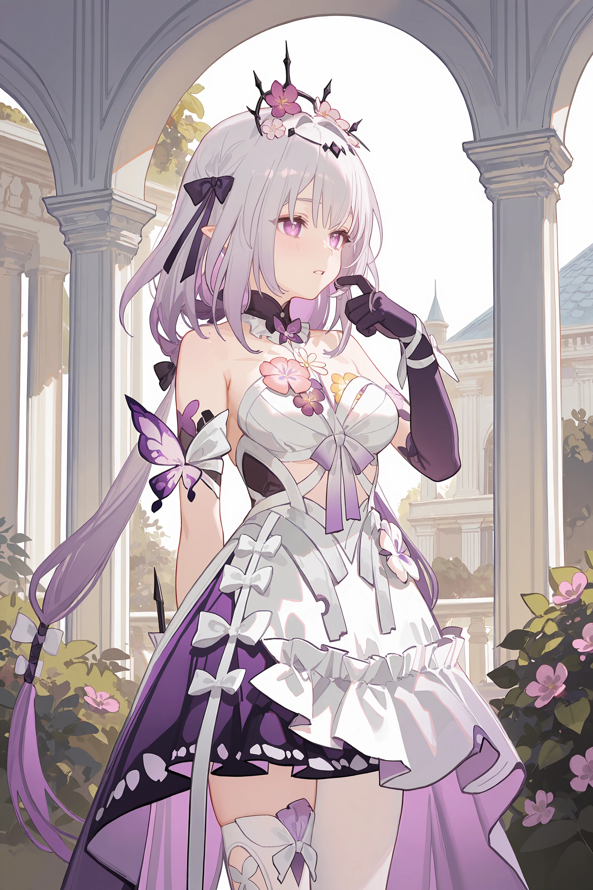 1girl, solo, castorice \(honkai: star rail\), hair ribbon, hair bow, hair flower, tiara, frilled sleeveless dress, single leg pantyhose, single white thighhigh, single elbow glove, single frilled glove, arm garter, cowboy shot, facing viewer, looking to the side, twirling hair, arm behind back, bush, embarrassed, parted lips, greco-roman architecture, plants, flower, scenery <lora:Char-HonkaiSR-Castorice-V1-IL:0.9:hr=0.6>, ciloranko, alphonse \(white datura\), ask \(askzy\), gomzi, you shimizu
masterpiece, best quality, amazing quality, very aesthetic, absurdres, newest, (scenery, volumetric lighting)
