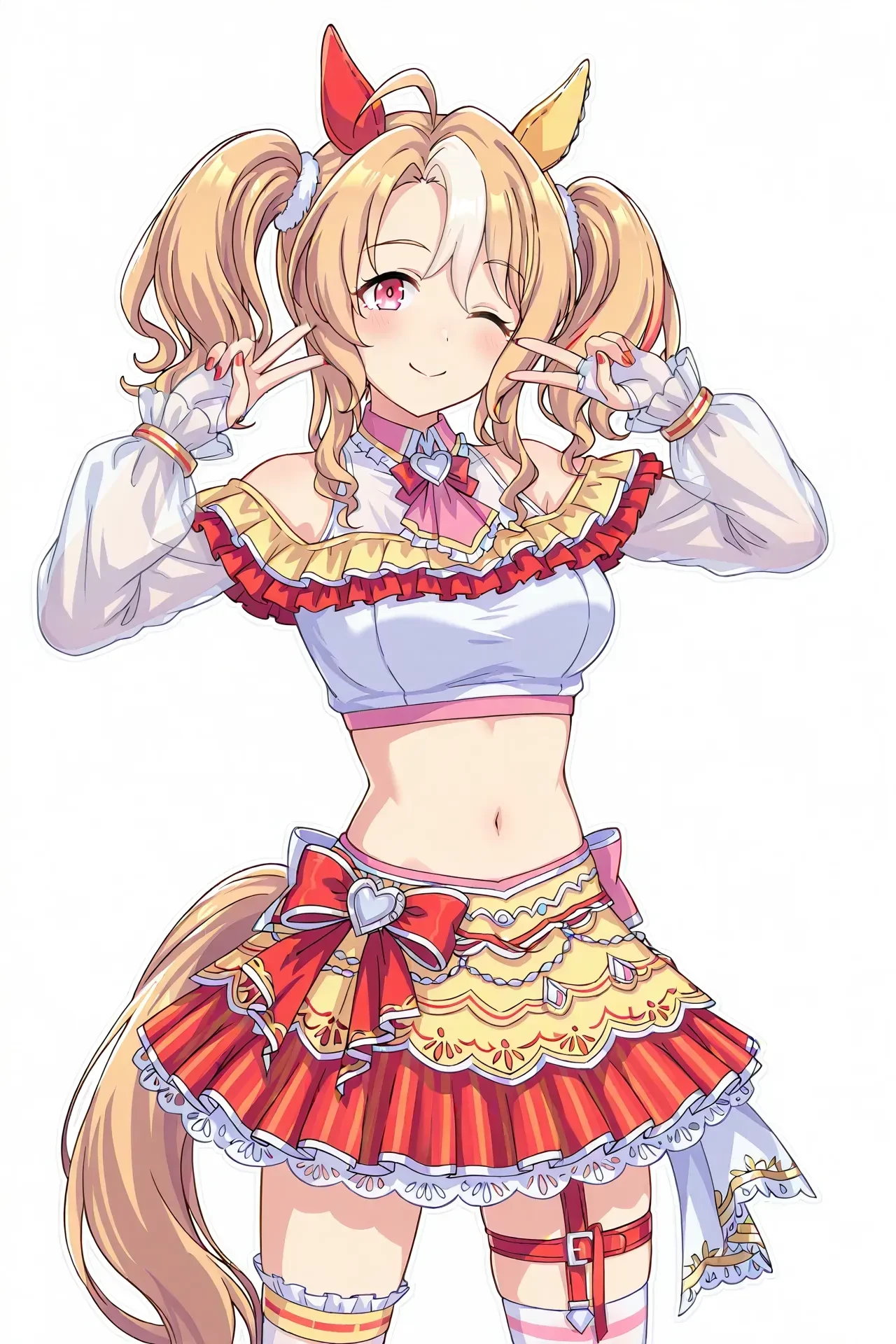 fusaichi pandora \(umamusume\),horse tail,horse ears,horse girl,blonde hair,white hair,twintails,long hair,streaked hair,multicolored hair,ahoge,red eyes,ear covers,bare shoulders,white crop top,breasts,crop top,gloves,midriff,navel,red nails,shirt,skirt,red skirt,skirt ribbon,leg garter,thigh strap,thighhighs,
cowboy shot,simple background,pose,smile,one eye closed,umamusume,official art,<lora:Fusaichi_Pandora:0.8>,v