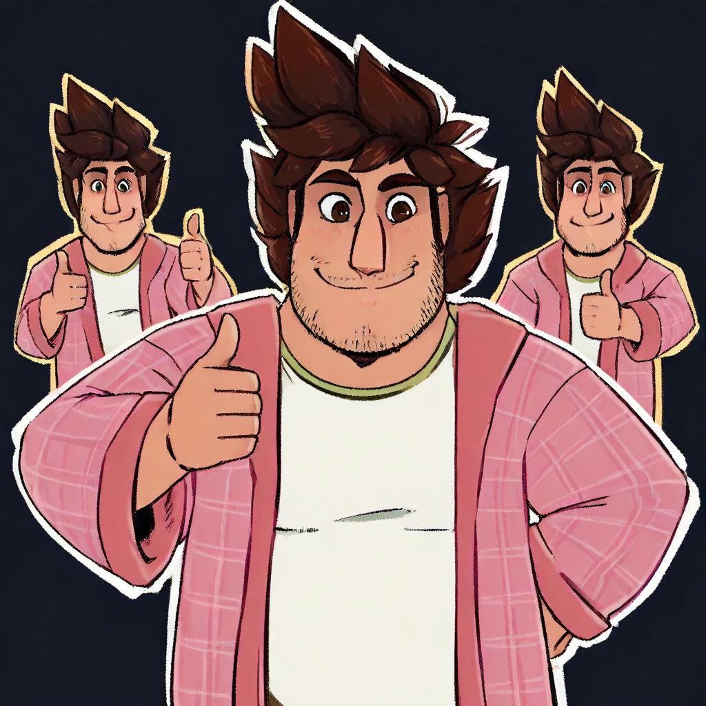 Stuart-H, solo focus, 1boy, male, human, chubby male, stubble, pink bathrobe, t-shirt, brown hair, messy hair, smiling, thumbs up, 2d, illustration, solo, male only, looking at viewer,
