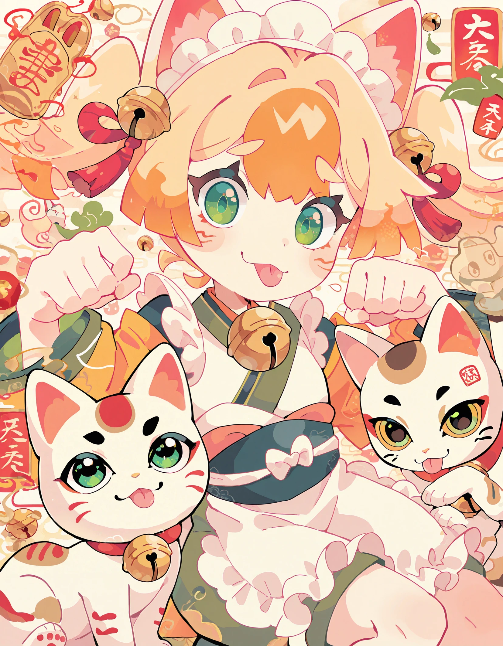 masterpiece, best quality,high quality, newest, highres,absurdres, <lora:sowasowart_style-000016:1>,s0wasow4rt_illu,abstract,1girl, tongue, green eyes, maneki-neko, tongue out, animal ears, bell, cat, solo, maid headdress, cat ears, blonde hair
