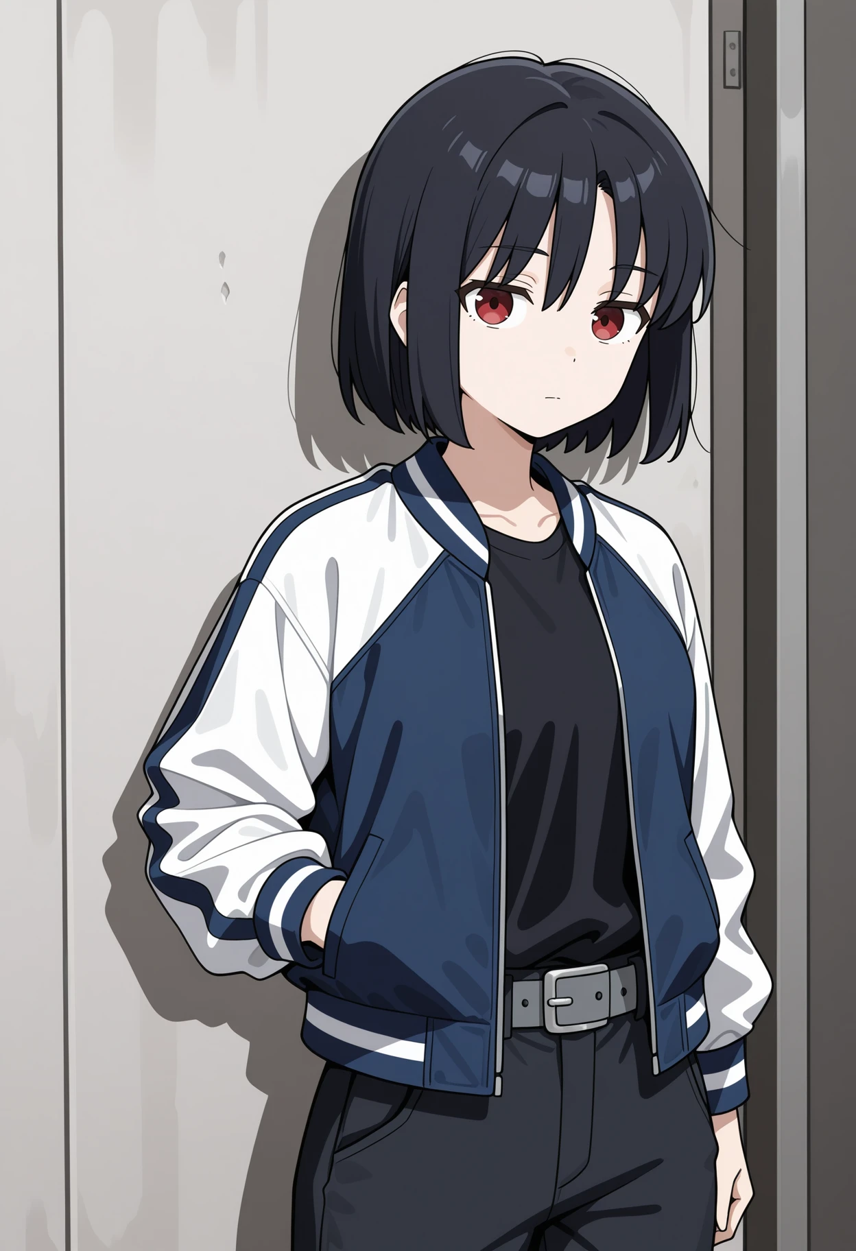 1girl, solo, open jacket, black hair, black shirt, hand in pocket, red eyes, short hair, looking at viewer, black pants, open clothes, expressionless, closed mouth, long sleeves, blue jacket, standing, cowboy shot, grey belt, white jacket, multicolored jacket
,masterpiece,best quality,amazing quality,
<lora:NoobV065sHyperDmd:.5> <lora:iwashita_shima_meipaws:.9>