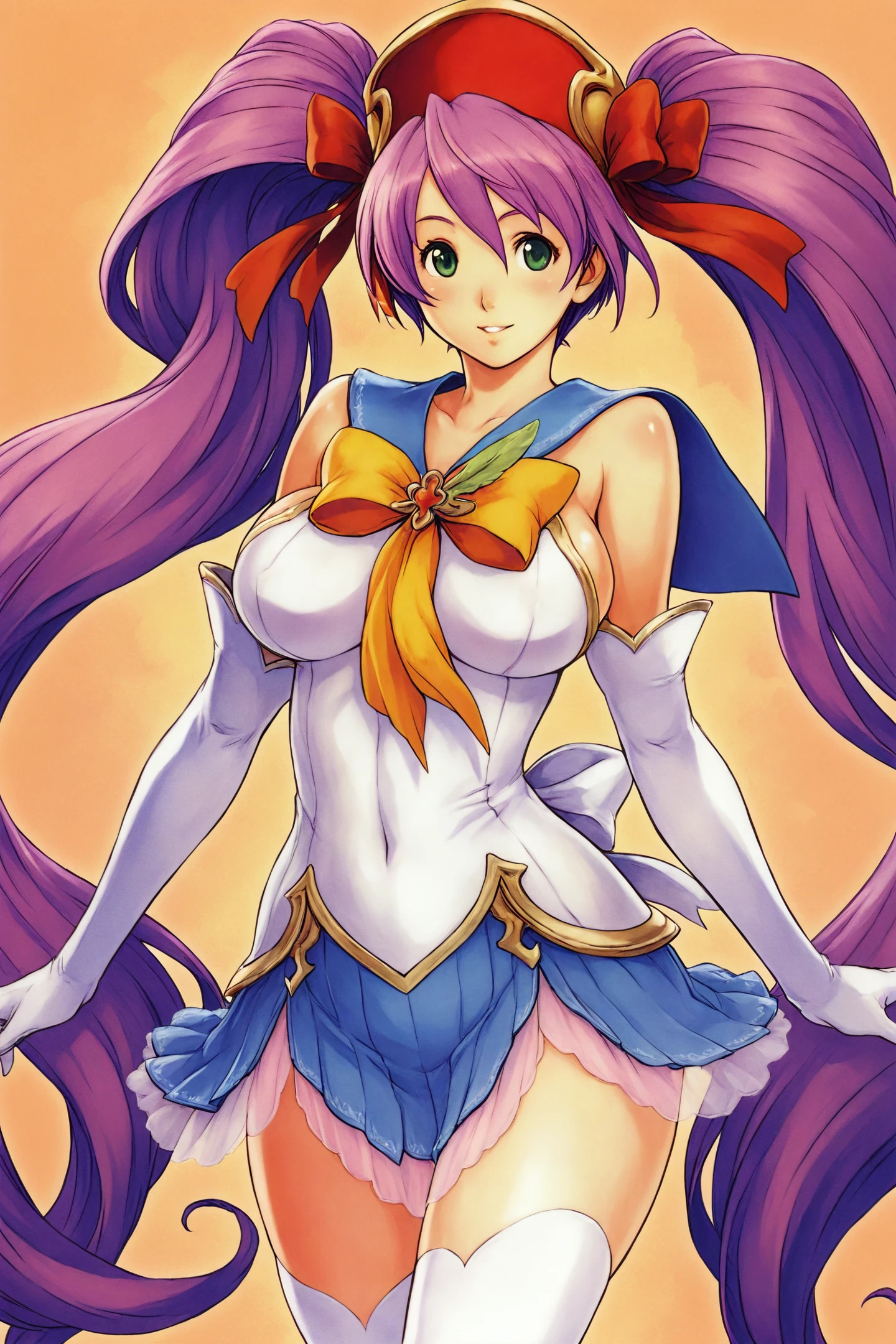 Reco,Main Outfit,Outfit2,1girl,solo,thighhighs,blue sailor collar,long hair,gloves,purple hair,twintails,skirt,elbow gloves,breasts,blue skirt,sailor collar,large breasts,green eyes,very long hair,white thighhighs,bow,red hat,
<lora:Mushihime sama_illustriousXL:0.8>,