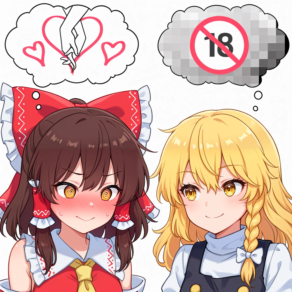 masterpiece, best quality, amazing quality, another_ship_dynamic_i_enjoy_(meme), blush, smile, simple background, 2girls, heart, censored, mosaic censoring, thought bubble, @_@, hakurei reimu, kirisame marisa,  <lora:another_ship_dynamic_i_enjoy_meme-000008:1>