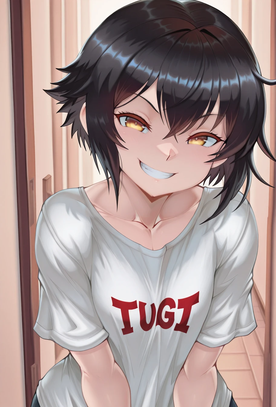 masterpiece, best quality, absurdres, 1girl, solo,  <lora:I_Need_An_Adult:1>, inad, black hair, loose t-shirt, short hair, grin