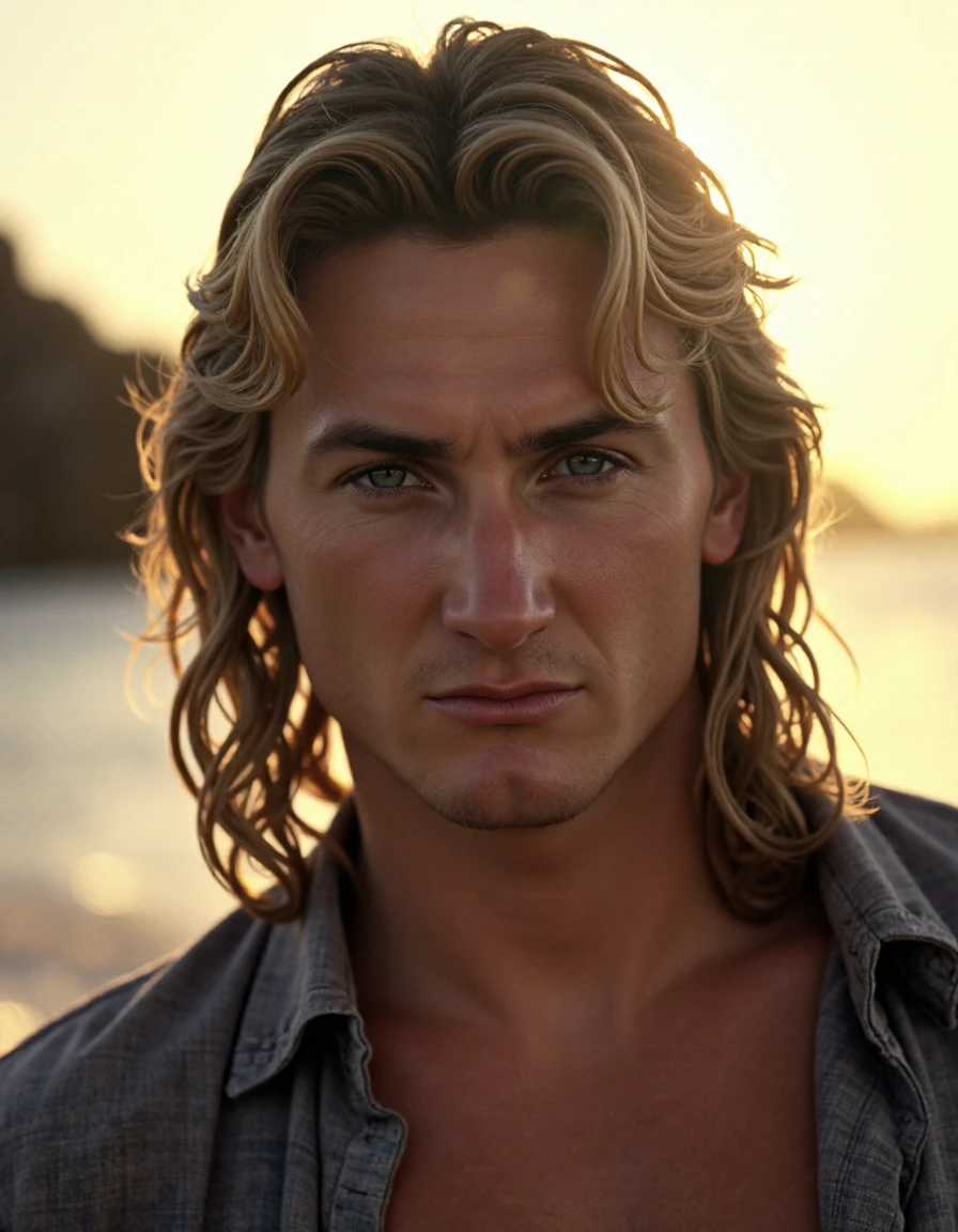 <lora:sean-penn-ca1984:1> man, long blond wavy hair, surfer clothes, beach background., Extreme Close-Up, Zoomed, Focus On Face, Centered, Macro Shot, Face Centered, Focus On Eyes, Glow Effects, God Rays, Smoke Effects, Hand Drawn, 3d Octane Render, Cinema 4d, Blender, Dark, Atmospheric, Ultra Detailed, Sharp Focus, Big Depth Of Field, Masterpiece, Concept Art, Trending On Artstation, CG Unity, Trending On CGSociety, Dramatic, Professional Photo, 4k Wallpaper, Hyper Realistic, Vivid Colors, Extremely Detailed, 8k Wallpaper, Intricate, High Detail, Dramatic Lighting, High Contrast, Shadows, Highlights, Golden Hour, Backlighting, Sunbeams, God Rays <Lora:zz_s_Fluxartis:0.5> A Highly Detailed Cinematic Photography <Lora:zz_s_Stylish_Lighting:0.5>, Looking Directly At The Viewer, Centered, Making Eye Contact, Looking Straight Ahead, Looking Forward, Striking A Dynamic Pose