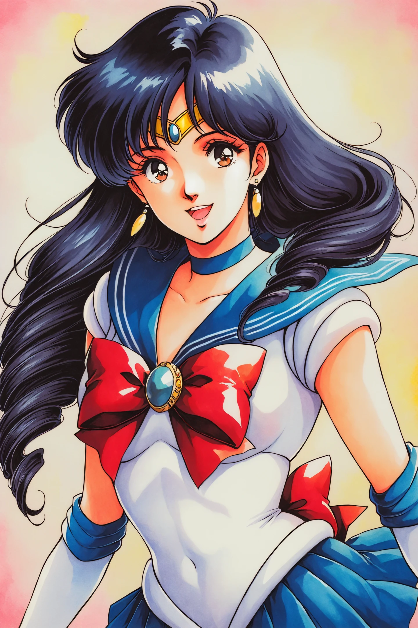 Lynn Minmay,1girl,blue hair,black hair,solo,long hair,brown eyes,open mouth,smile,retro artstyle,upper body,1980s \(style\),drill hair,sailor senshi uniform,gloves,magical girl,skirt,choker,red bow,tiara,jewelry,elbow gloves,sailor collar,white gloves,earrings,blue skirt,blue sailor collar,blue choker,brooch,pleated skirt,circlet,looking at viewer,traditional media,watercolor (medium),
<lora:Haruhiko Mikimoto_illustriousXL:0.4>,
<lora:Mushihime sama_illustriousXL:0.8>,