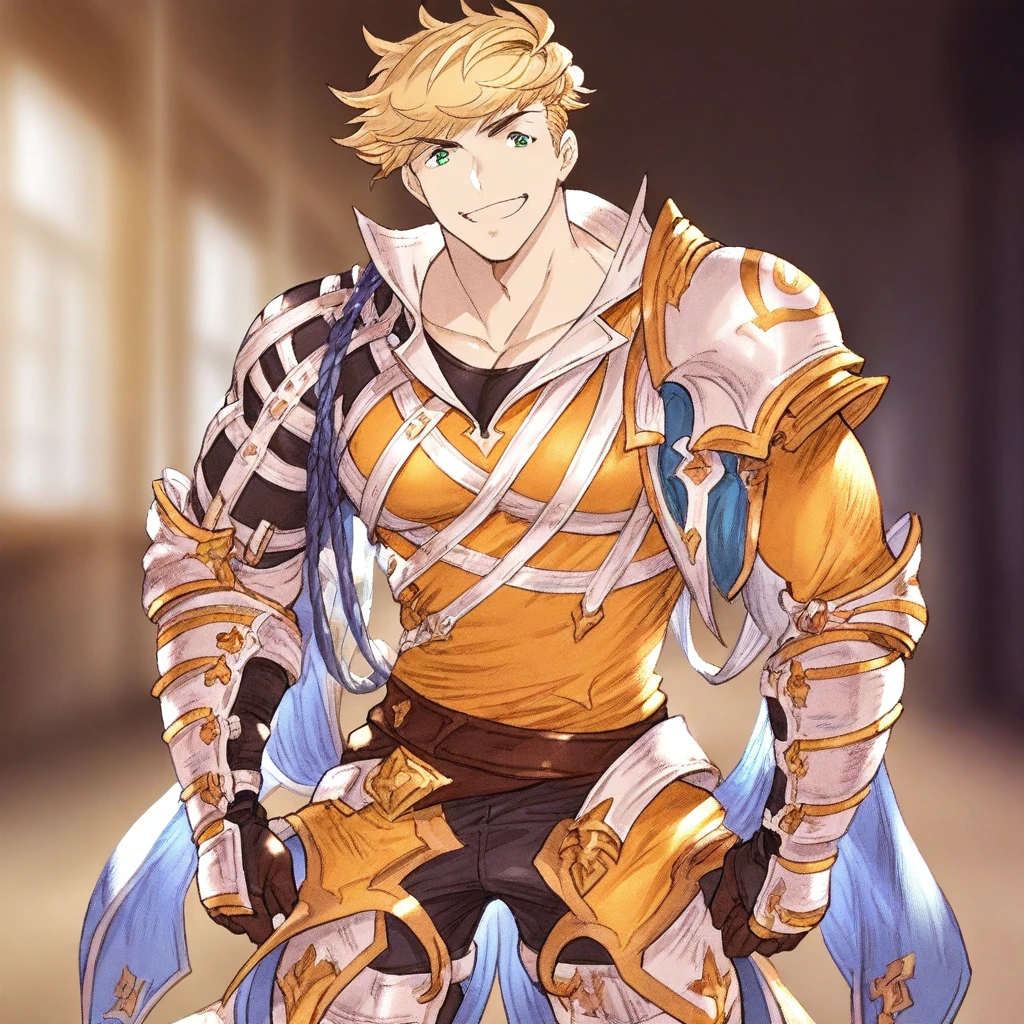 man, short yellow hair, classic medieval knight, silver face masks, silver armor, bare chest, with scars on the skin, BROWN SKIN 