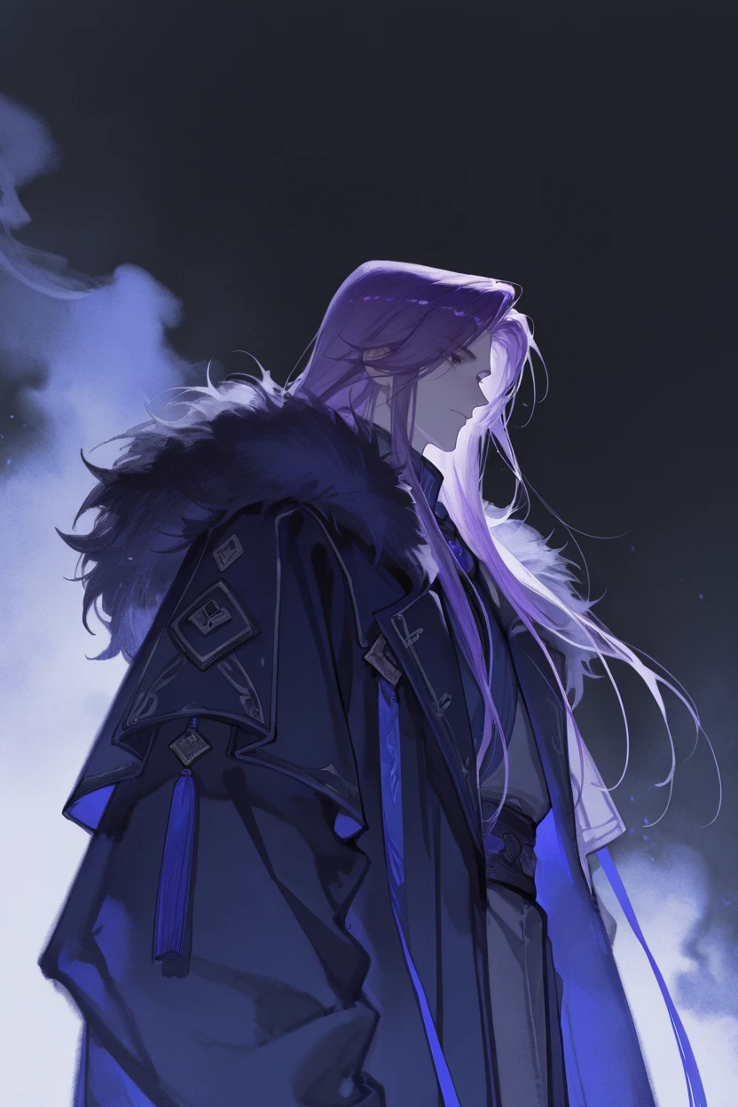 masterpiece, best quality, very aesthetic, newest, absurdres, highres,
<lora:YuYuHuadiaoIllustriousV1:1> yuyuhuadiao,
solo, long hair, 1boy, purple hair, looking ahead, upper body, male focus, fur trim, black background, abstract background, smoke, blue theme,