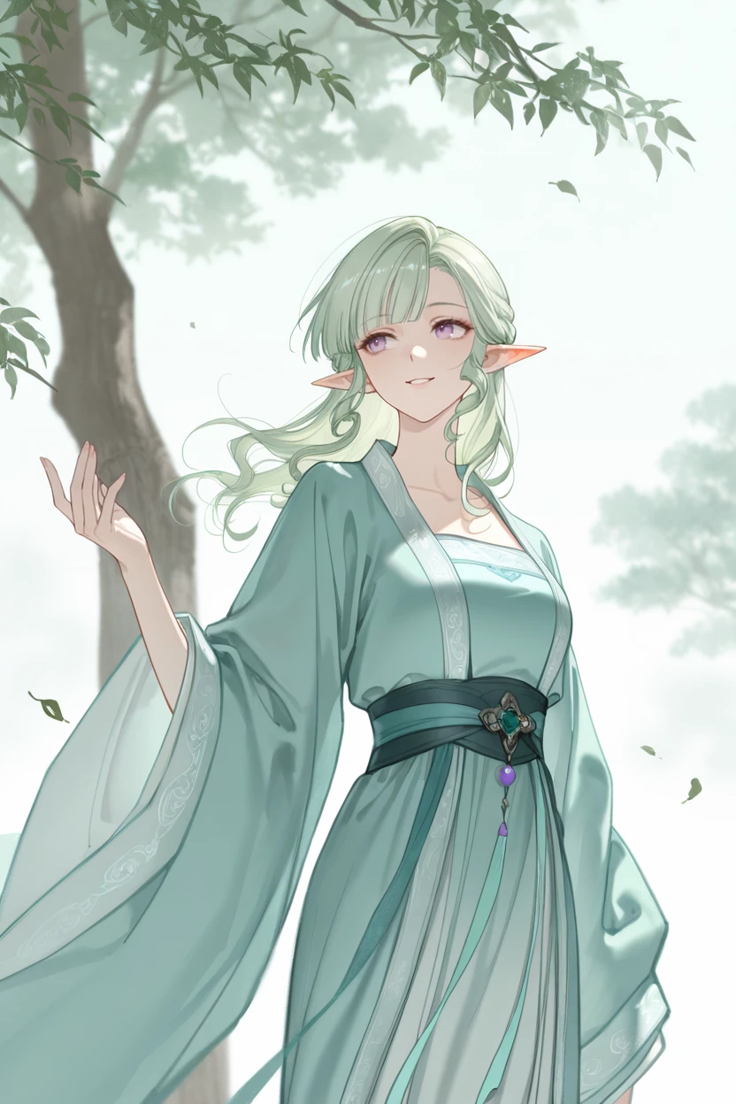 masterpiece, best quality, very aesthetic, newest, absurdres, highres,
<lora:YuYuHuadiaoIllustriousV1:1> yuyuhuadiao,
1girl, solo,
pale green hair, light purple eyes, curly hair, curly sidelocks, medium hair, straight bangs, asymmetrical bangs, pointy ears, elf,
looking away, smile, parted lips, hanfu, hand up, tree, floating hair, long sleeves, wide sleeves, leaf,