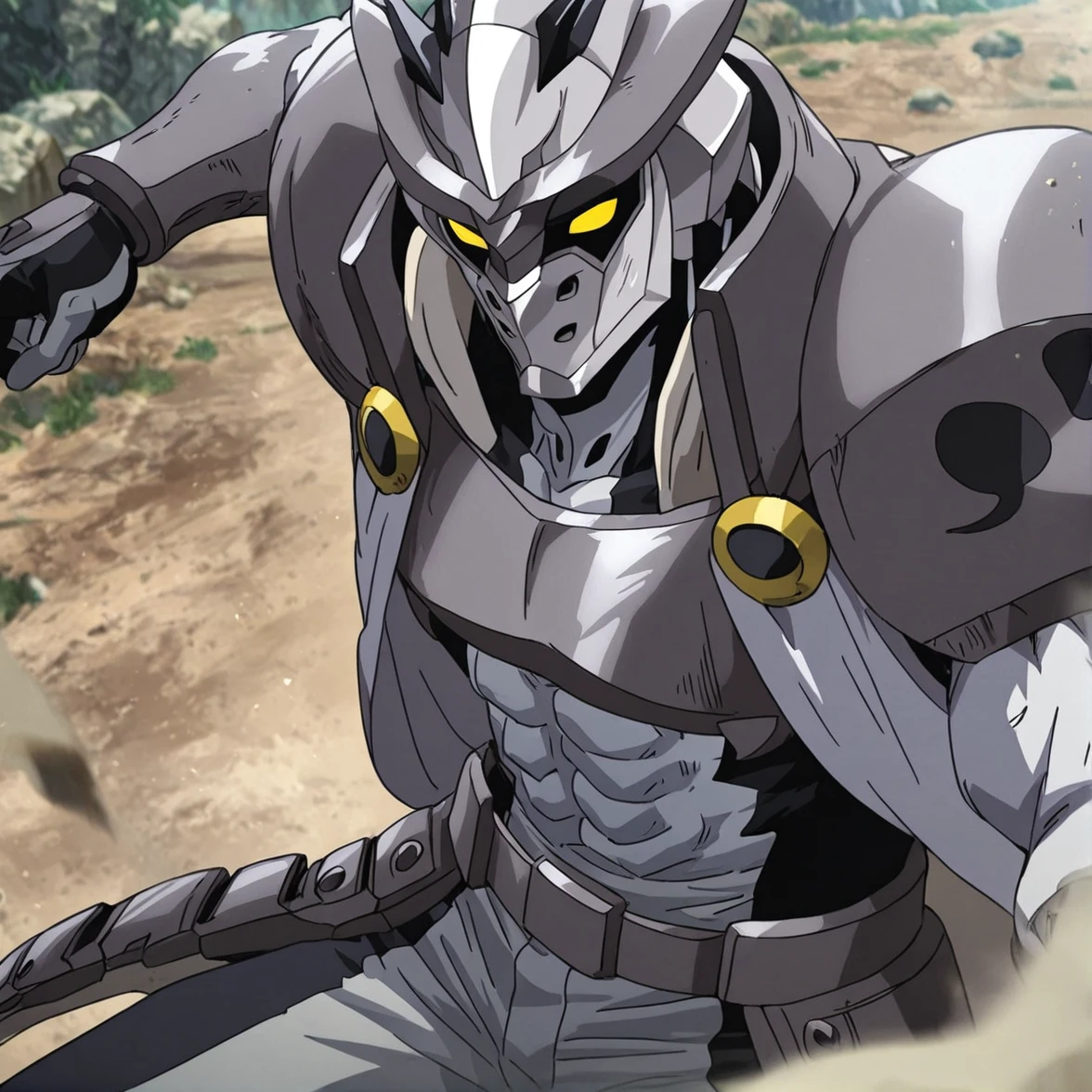 <lora:Burat-05:1> solo, yellow eyes, 1boy, no humans, armor, helmet, male focus, outdoors, abs <lora:add-detail-xl:1> <lora:iLLMythAn1m3Style:1> mythan1m3, solo