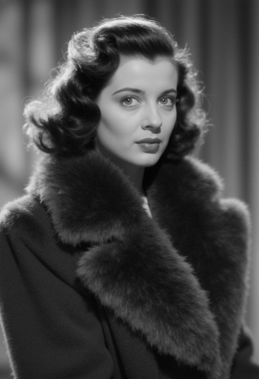 cinematic_1940s "A glamorous 1940s Hollywood starlet posing in a luxurious fur coat, soft-focus lens, elegant curls in her hair, dramatic side lighting, black-and-white portrait, vintage studio backdrop, reminiscent of old MGM films, exuding timeless elegance and mystique."