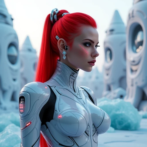 A medium shot of a Beautiful futuristic female with long red detailed unique hairstyle with hair glowing futuristic accessories, shes wearing a detailed cybernec form fitting suit made of a blend of futuristic materials , small futuristic digital screens displaying glowing data are embeded in different armor parts, shes standing in a detailed futuristic icy landscape made of crystal and in the back a futristic city made of rounded architecture and futuristic materials, photorealistic render