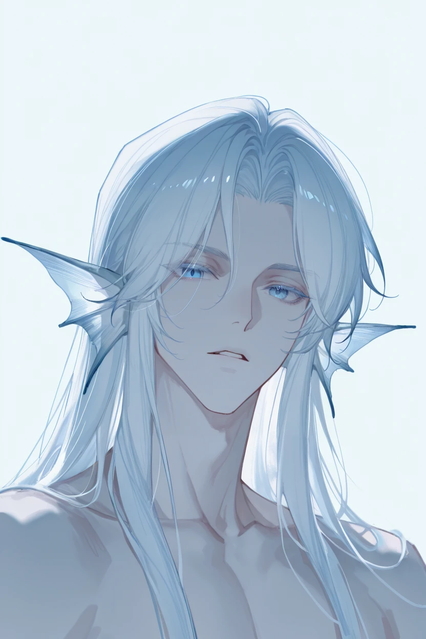 masterpiece, best quality, very aesthetic, newest, absurdres, highres,
<lora:YuYuHuadiaoIllustriousV1:1> yuyuhuadiao,
1boy, solo, long hair, male focus, white hair, portrait, head fins, colored eyelashes, parted lips, naked, looking at viewer,
blue theme,