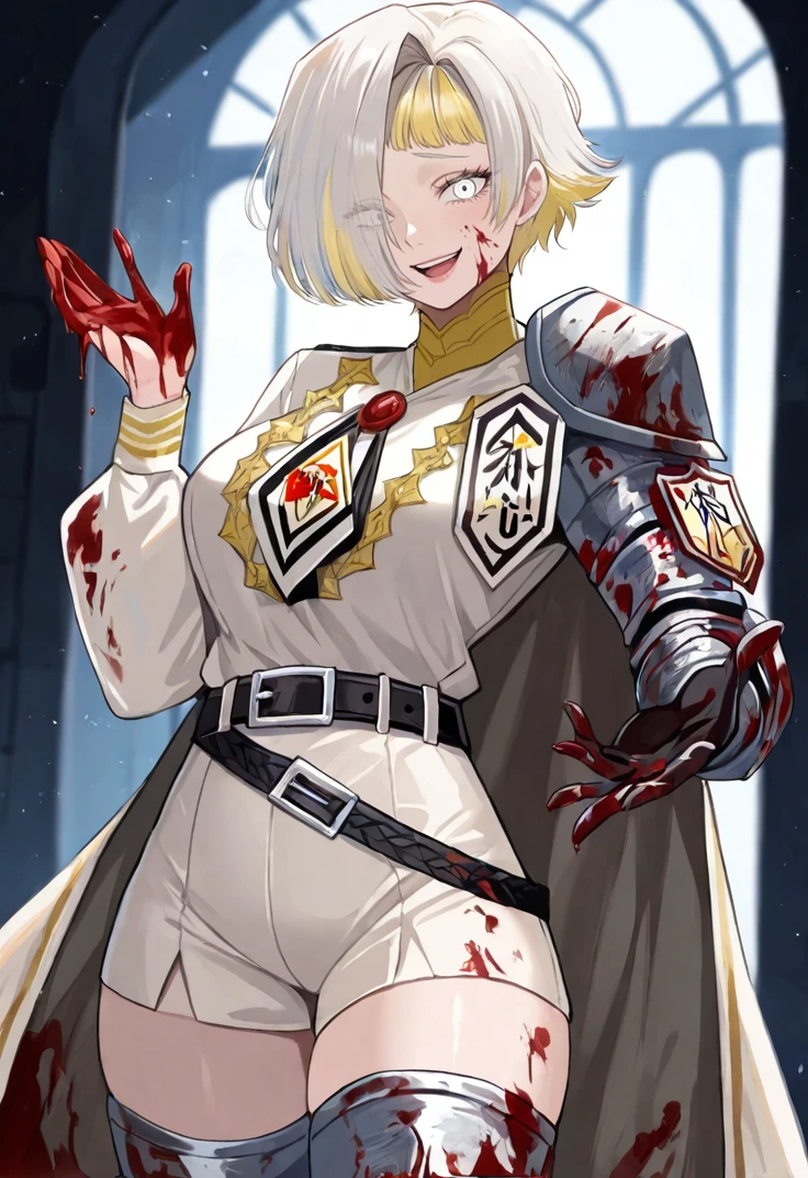 masterpiece, perfect face, beautiful face, perfect hands, beautiful hands, realistic, <lora:Kromer_Limbus_Illustrious:1>, KromerLimbus, KromerNcorp, armored knee boots, single armored glove, single armored shoulder, 1girl, solo, breasts, looking at viewer, smile, short hair, open mouth, blonde hair, thighhighs, white hair, multicolored hair, belt, virtual youtuber, cape, armor, hair over one eye, streaked hair, blood, blood on face, blood on clothes, white eyes, blood on hands