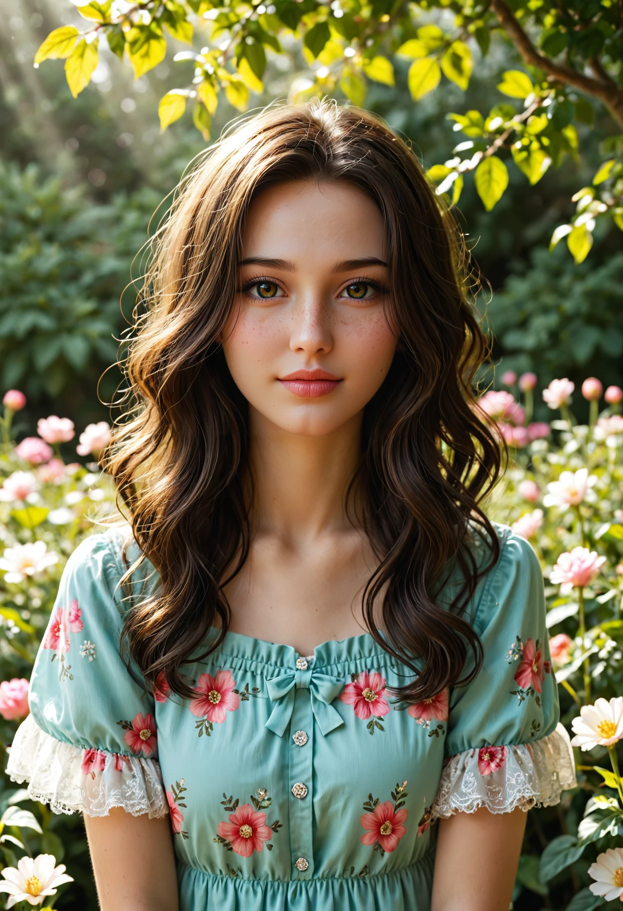 score_9, score_8, score_7_up,source_photo,cinematic lighting, volumetric lighting, detailed background, dramatic lighting, dramatic shadows. A cute girl with long wavy hair and freckles, standing in a sunlit garden full of blooming flowers, wearing a pastel-colored summer dress. The sunlight softly filters through the trees, casting intricate shadows on her face. Her delicate features are highlighted by the natural light, and the vibrant colors of the flowers create a beautiful contrast. upper body. <lora:PerfectEyesXL:1>, <lora:add-detail-xl:1>, <lora:zy_Detailed_Backgrounds_v1:1>, detailed background