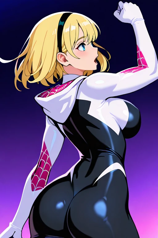 masterpiece, High quality, Ultra detailed, 2d, newest, absurdres, highres, BREAK
1girl, solo, superhero, <lora:Spider_Gwen:0.8>, ghost_spider_(spider-verse), short hair, blonde hair, hairband, blue eyes,
large breasts, GwenDef, bodysuit, hooded bodysuit, spider web print, skin tight, ballet slippers,
open mouth, from behind,