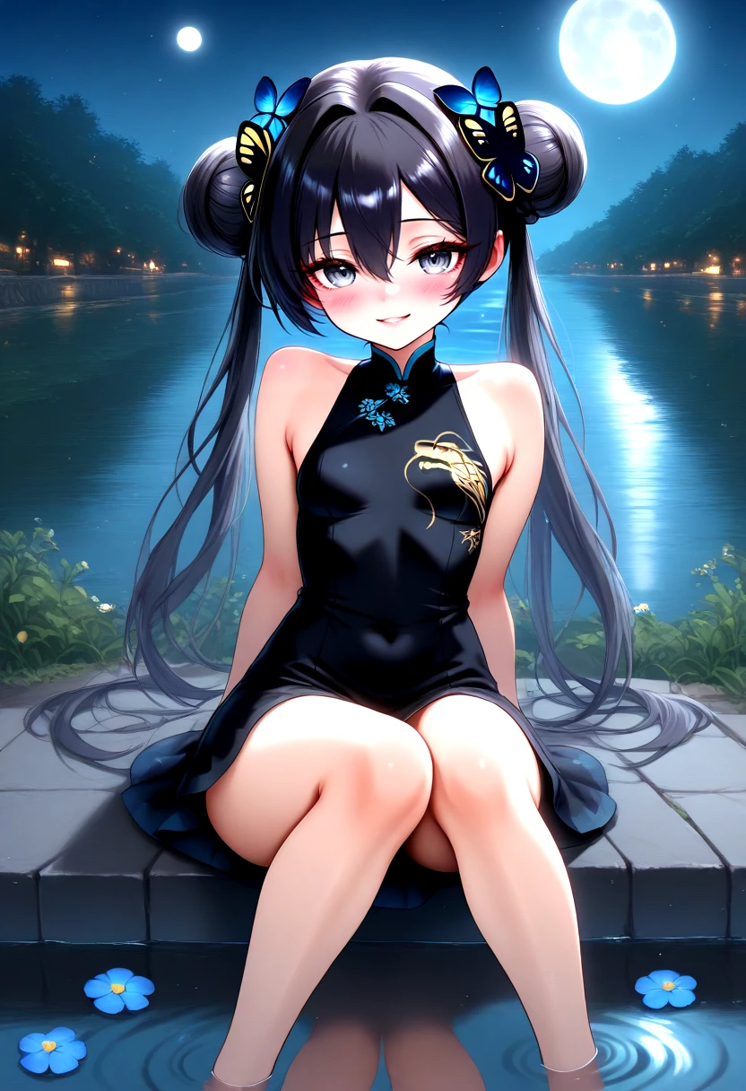 (masterpiece, best quality),amazing quality,absurdres,1girl,bare shoulders,black dress,black hair,blue flower,blush,breasts,butterfly hair ornament,convenient leg,double bun,dress,flower,full body,full moon,grey eyes,hair between eyes,hair bun,hair intakes,hair ornament,happy,knees together feet apart,long hair,looking at viewer,moon,night,outdoors,parted lips,petite,reflection,reflective water,river,short dress,sitting,sleeveless,sleeveless dress,small breasts,smile,solo,twintails,