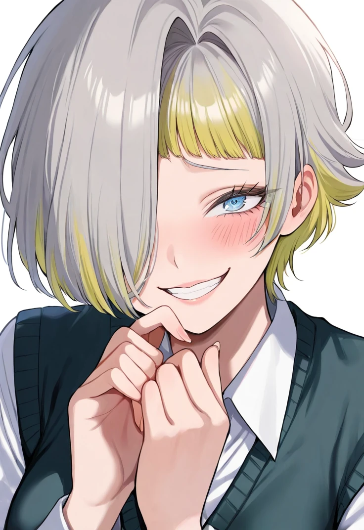 masterpiece, perfect face, beautiful face, perfect hands, beautiful hands, realistic, <lora:Kromer_Limbus_Illustrious:1>, KromerLimbus, KromerSchool, 1girl, solo, looking at viewer, blush, smile, bangs, blue eyes, shirt, white shirt, upper body, grey hair, multicolored hair, green hair, teeth, collared shirt, hair over one eye, grin, vest, sweater vest, meme