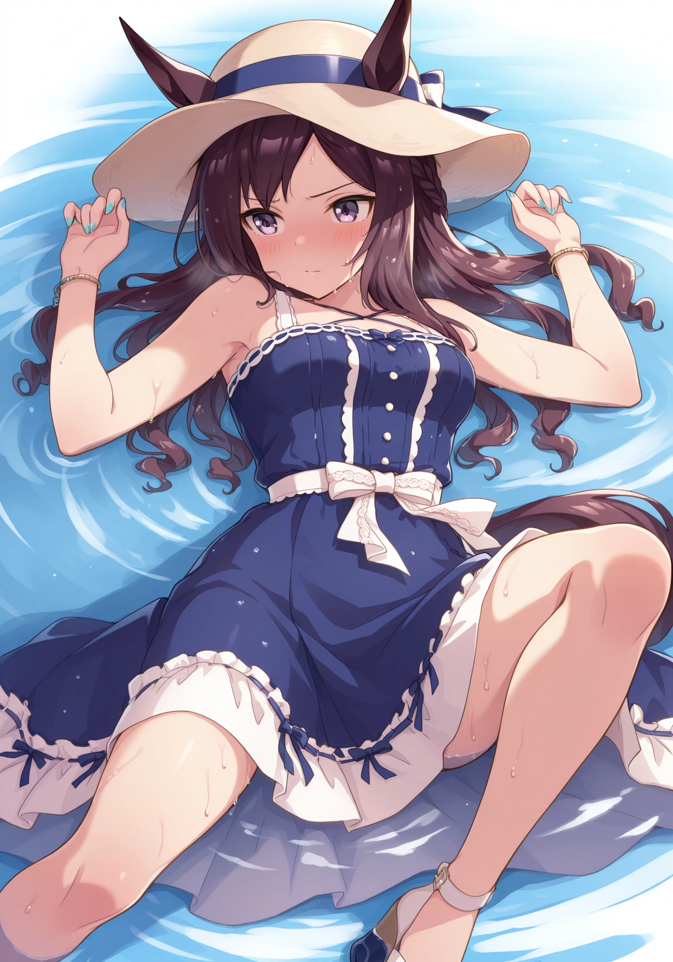 umaofficial,1girl,solo,MDober,black hair,purple eyes,horse girl,long hair,medium breasts,
MDSaphir,blue sleeveless dress,sun hat,bracelet,platform sandals,white waist bow,parted bangs,crown braid,aqua toenails,aqua nails,ears through headwear,
dynamic pose,water,standing,blush,flustered,restrained,sweat,wet,in water,
masterpiece,best quality,highres,amazing quality,<lora:MejiroDoberILV2-000001:1>,<lora:UmaOfficialILV1.0:0.7>,
