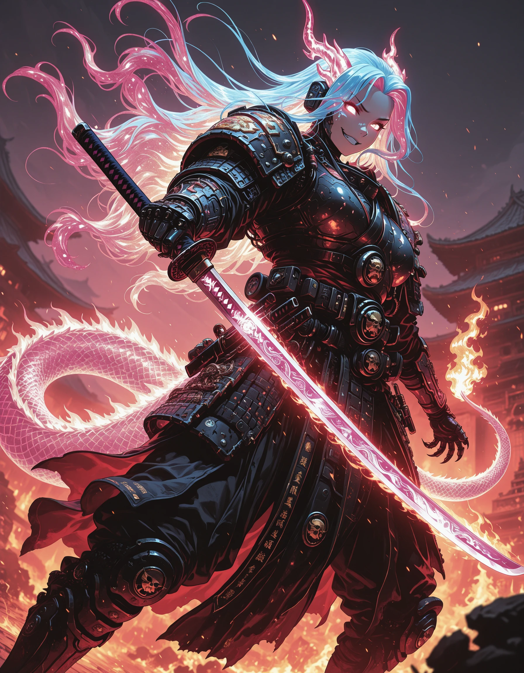 Flatline, Flat vector illustration,,masterpiece, best quality, good quality, very aesthetic, absurdres, newest, 8K, depth of field, focused subject, dynamic angle, dutch angle, Tall female dragon samurai , glowing fire hair, glowing eyes, high tech warhammer 40k armor, full cyborg,dynamic pose, fire sparks,evil smile, wielding a burning katata, glowing katana, holographic frie dragon in background, holofoil glitter, faint, glowing, ethereal, neon hair, long hair, glowing hair, flowing hair, otherworldly glow, dangerous,cyber claws,tail, <lora:ElementalDragonSamuraiIL-000016:0.85> <lora:ck-shadow-circuit-IL:0.6>