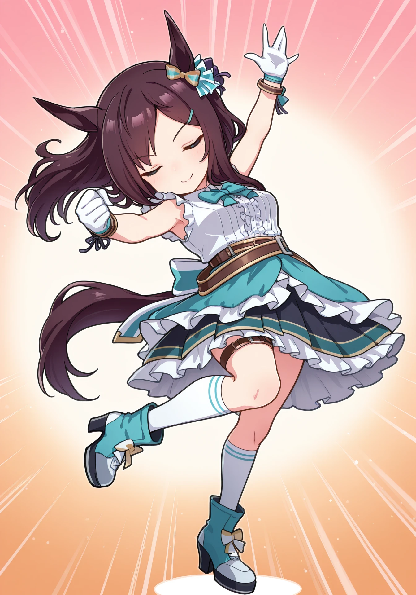 chibi,umaofficial,1girl,solo,MDober,black hair,purple eyes,horse girl,long hair,medium breasts,
MDLine,white sleeveless shirt,multicolored layered skirt,frilled skirt,single thigh strap,green ear ornament,green hair clip,green bowtie,green back bow,white gloves,belt,white knee highs,high heel boots,parted bangs,
dynamic pose,smile,closed eyes,
masterpiece,best quality,highres,amazing quality,<lora:MejiroDoberILV2-000001:1>,<lora:UmaOfficialILV1.0:0.7>,