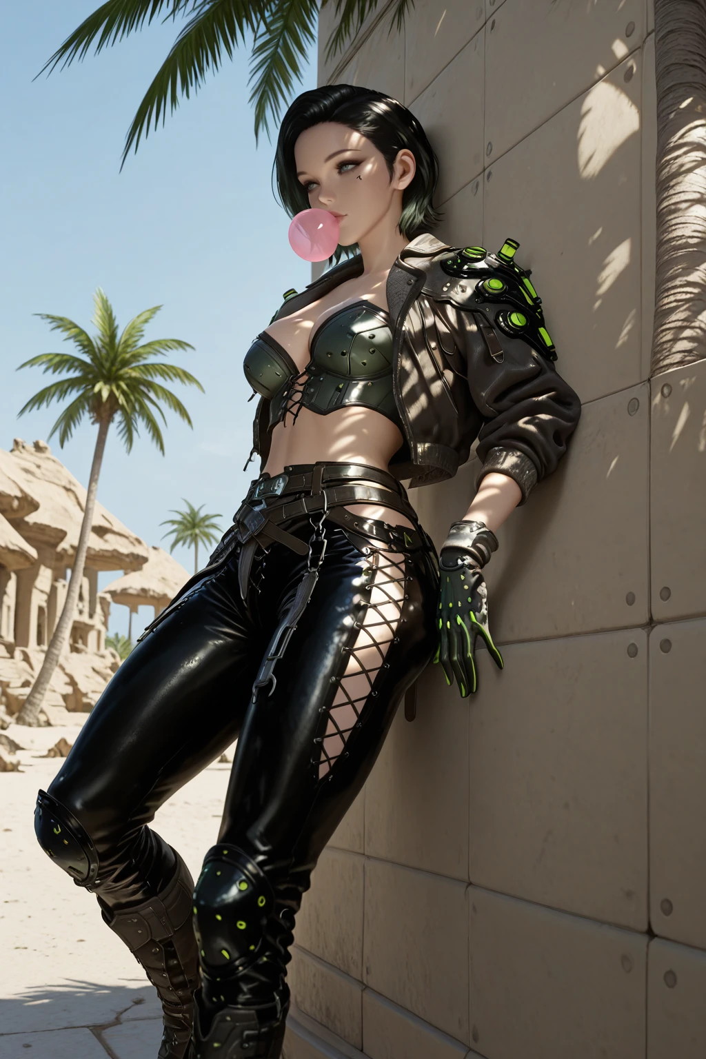 masterpiece, good quality, best quality, very awa, very as2, absurdres, highres, 3d
<lora:FreynailluLoRA:1>freyna, short hair, cyberpunk, jacket, armor, gloves, glowing, bustier, cleavage, belt, leather pants, boots, leaning back, against wall, chewing gum, dappled sunlight, palm tree,