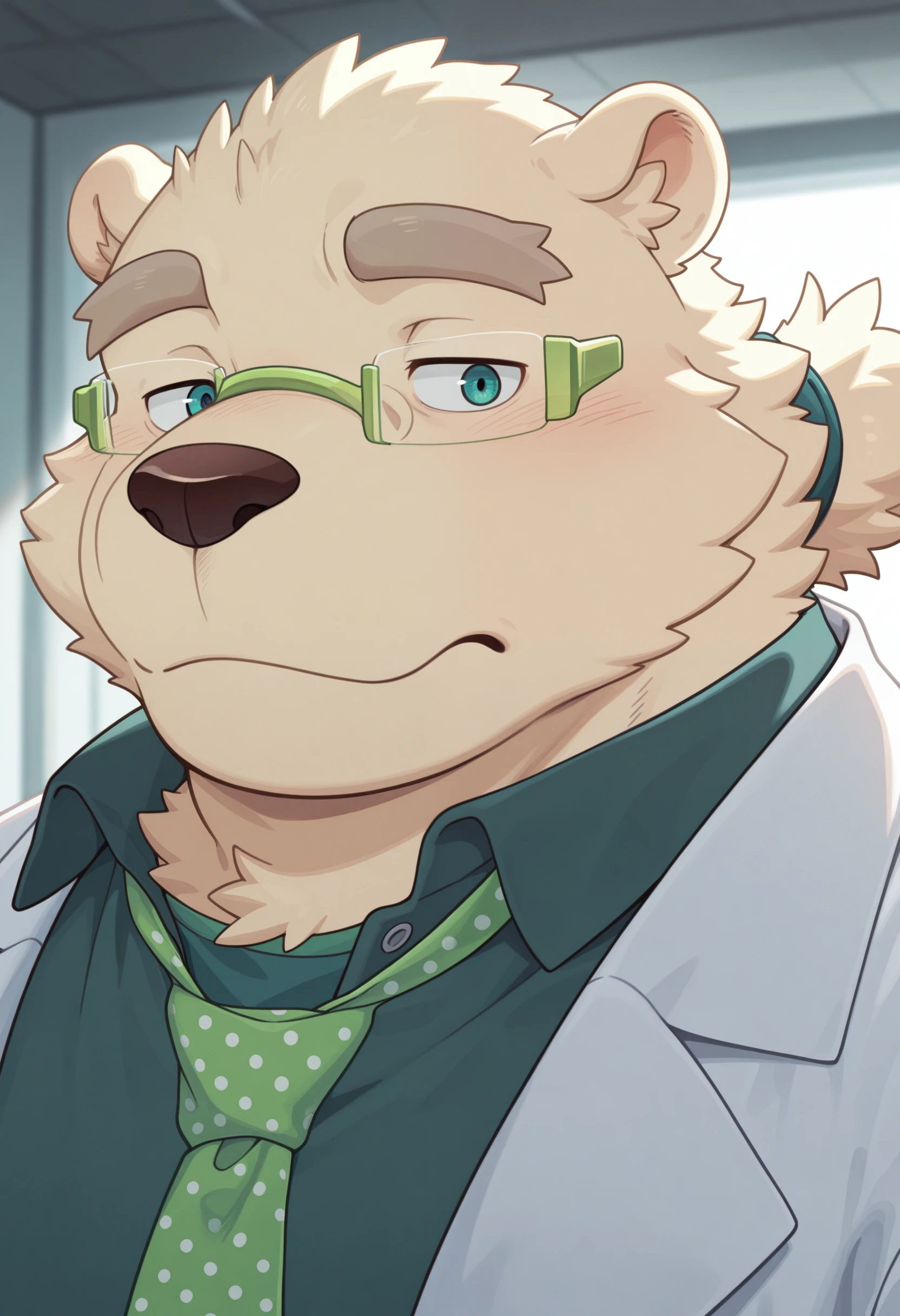 masterpiece, best quality, amazing quality, solo, 1boy, Leibtas, necktie, shirt, green glasses, lab coat, close up, face focus