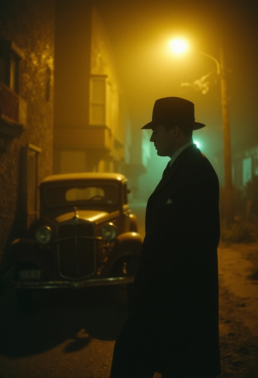 cinematic_1940s "A 1940s film noir detective in a fedora, leaning against a vintage car in a misty alley, bathed in warm golden streetlamp glow, soft greenish-blue shadows creeping in, lush saturated hues, subtle halation around the light, slight film grain adding texture, a dreamy modern cinematic take on a classic black-and-white thriller, evoking nostalgia and mystery."