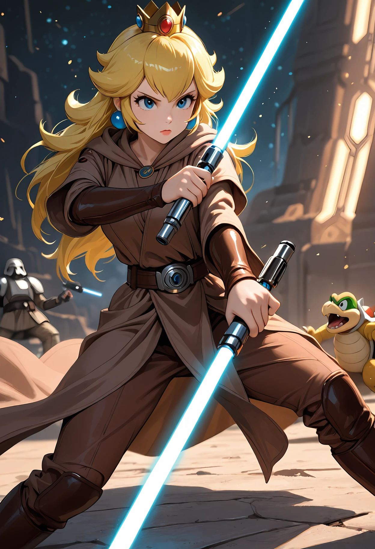 masterpiece, best quality, absurdres, highres,
star wars, science fiction, fantasy, abstract background, battle, too many koopa troopa.
1girl,princess peach,
jedi knight, brown robe, brown pants, leather belt, belt,
dynamic pose, fighting stance, holding lightsaber, dual wielding, blue lightsaber, green lightsaber,
serious,
wide shot, depth of field,