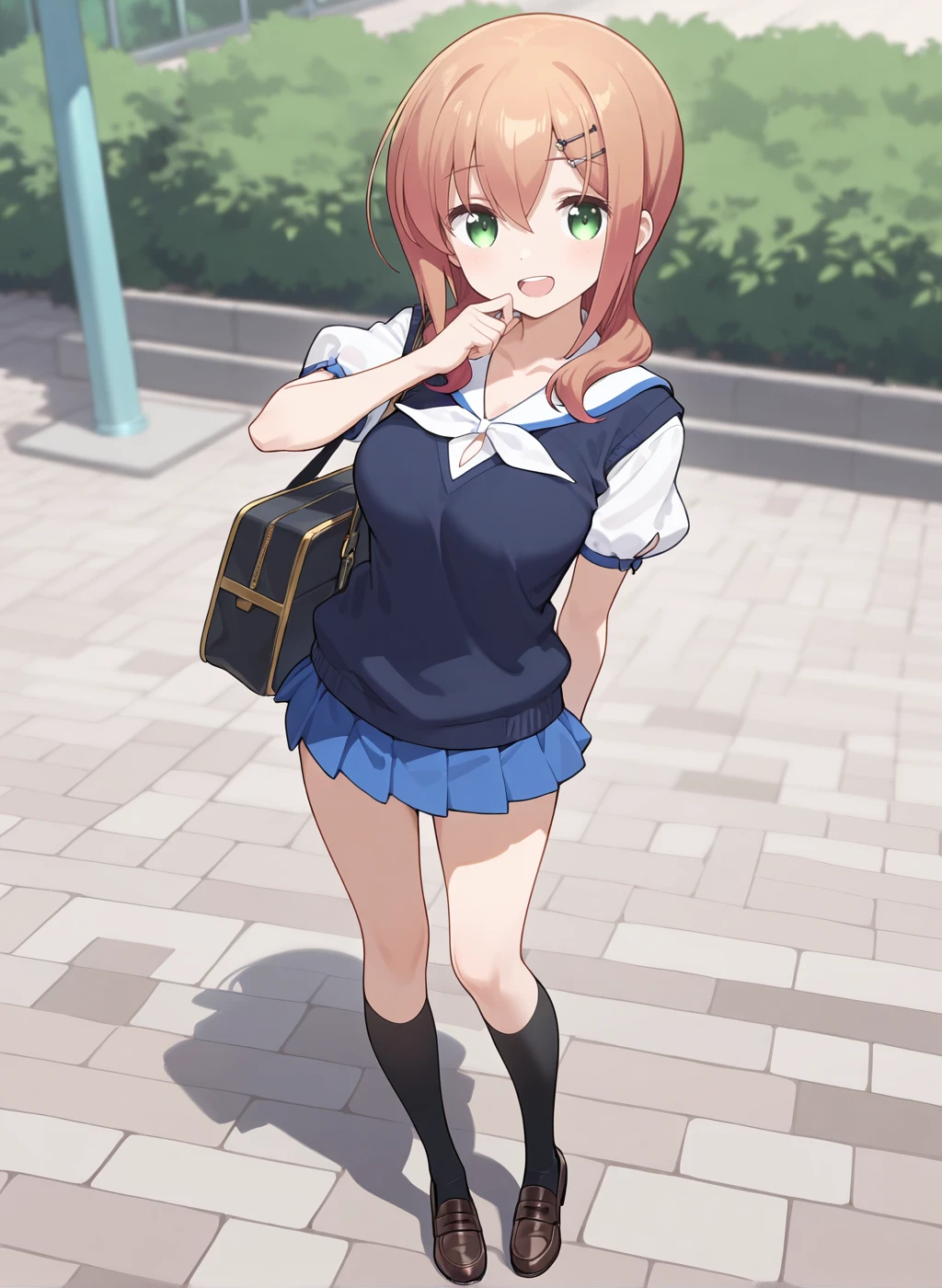 High quality,Ultra detailed,best quality,insanely detailed,beautiful,masterpiece,highres,absurdres,very aesthetic,very awa,sensitive BREAK
<lora:tokura_eiko_V1_IL:1>,(tokura eiko,slow start, brown hair, long hair, hair ornament, hairclip, bangs, green eyes, hair between eyes,medium breasts),(summer uniform, puffy short sleeves,v-neck,white shirt,white sailor collar,blue skirt,pleated skirt,vest,pleated skirt,black kneehighs,loafers),1girl,solo,laughing,posing,solo focus,(full body,looking at viewer,school,school bag,standing,outdoors),