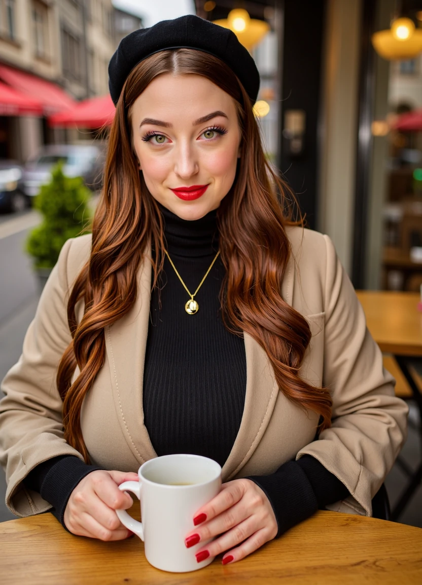 SFW, brightly lit, aidmaimageupgrader, A portrait of a woman seated at a table in an outdoor cafe. She wears a blazer and a black turtleneck sweater, accessorized with a black beret and a gold necklace with a pendant. She holds a white mug in her hands. Her nails are painted a vibrant red. The background is blurred, highlighting the woman as the main subject. The warm color palette is dominated by reds, blacks, and golds, creating a cozy and inviting atmosphere., looking at viewer, eyelashes, fine hair detail, entire hairstyle visible, perfect eyes with iris pattern, sensual lips, nose, (perfectly sharp:1.3), realistic textures, (deep focus:1.5), 8k uhd, dslr, ultra high quality image, film grain, Fujifilm XT3<lora:pony\Letha_Weapons_Pony_-_Adult_Actress_and_Model.safetensors:1.0:1.0> <lora:flux\custom\adult\hazel-may38.safetensors:1.09:1.09> <lora:turbo-8-step-flux.safetensors:0.5:0.5> <lora:flux\style\Common\aidmaImageUprader-FLUX-v0.3.safetensors:0.25:0.25>