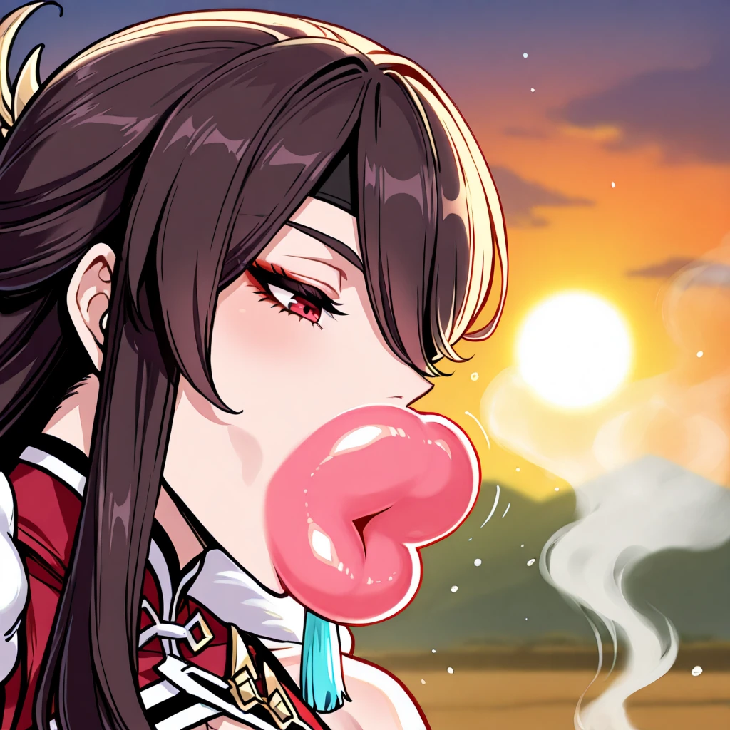 1girl, beidou_\(genshin_impact\), genshin_impact, 1girl, red_eyes, brown_hair, she navigates the bustling desert bazaar, her shimmering veil concealing her piercing eyes. She moves with practiced ease among the stalls selling golden fabrics and sparkling jewelry, the warm glow of sunset washing over her. The scent of incense and sounds of haggling fill the air, and her eyes take in every detail, each merchant eying her curiously as she moves. BREAK, golden yellow, deep scarlet, sandy beige, rich purple, sparkling bronze, glowing orange sunset, shadowy market brown, BREAK,, hyper lips,
<lora:LusciousLips_IL-000020:.8>
BREAK, [[score_9, score_8_up, source_cartoon, in focus + sharp focus, best quality, official art, masterpiece, highly quality, highres, high quality, best quality, absurdres, intricate detail + accurate details, masterful composition, dynamic angle, detailed background]],