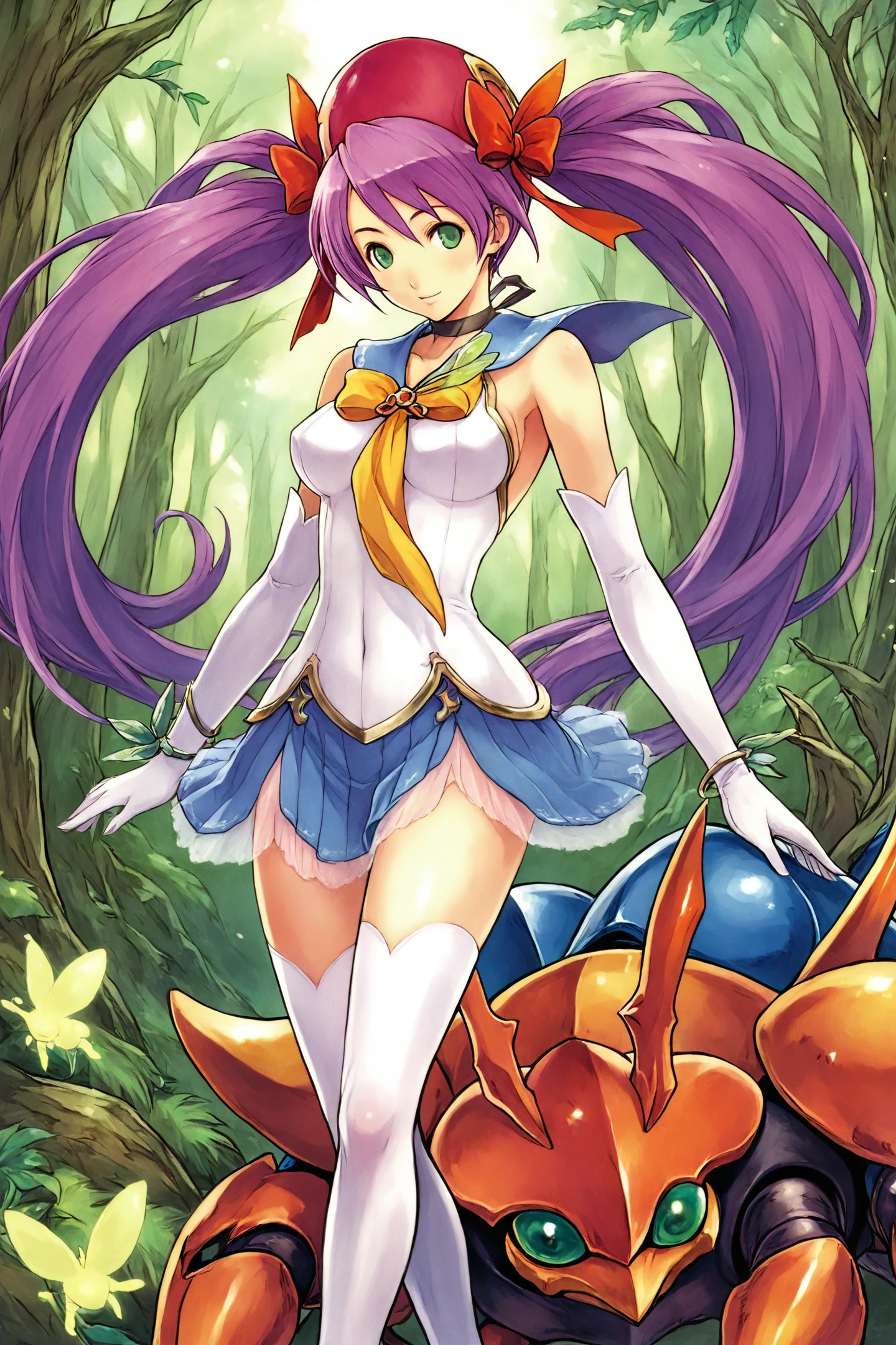 Reco,1girl,big beetle,purple hair,thighhighs,solo,skirt,twintails,blue skirt,blue sailor collar,long hair,sailor collar,elbow gloves,gloves,zettai ryouiki,school uniform,jewelry,bug,white thighhighs,green eyes,forest,tree,
<lora:Mushihime sama_illustriousXL:0.8>,