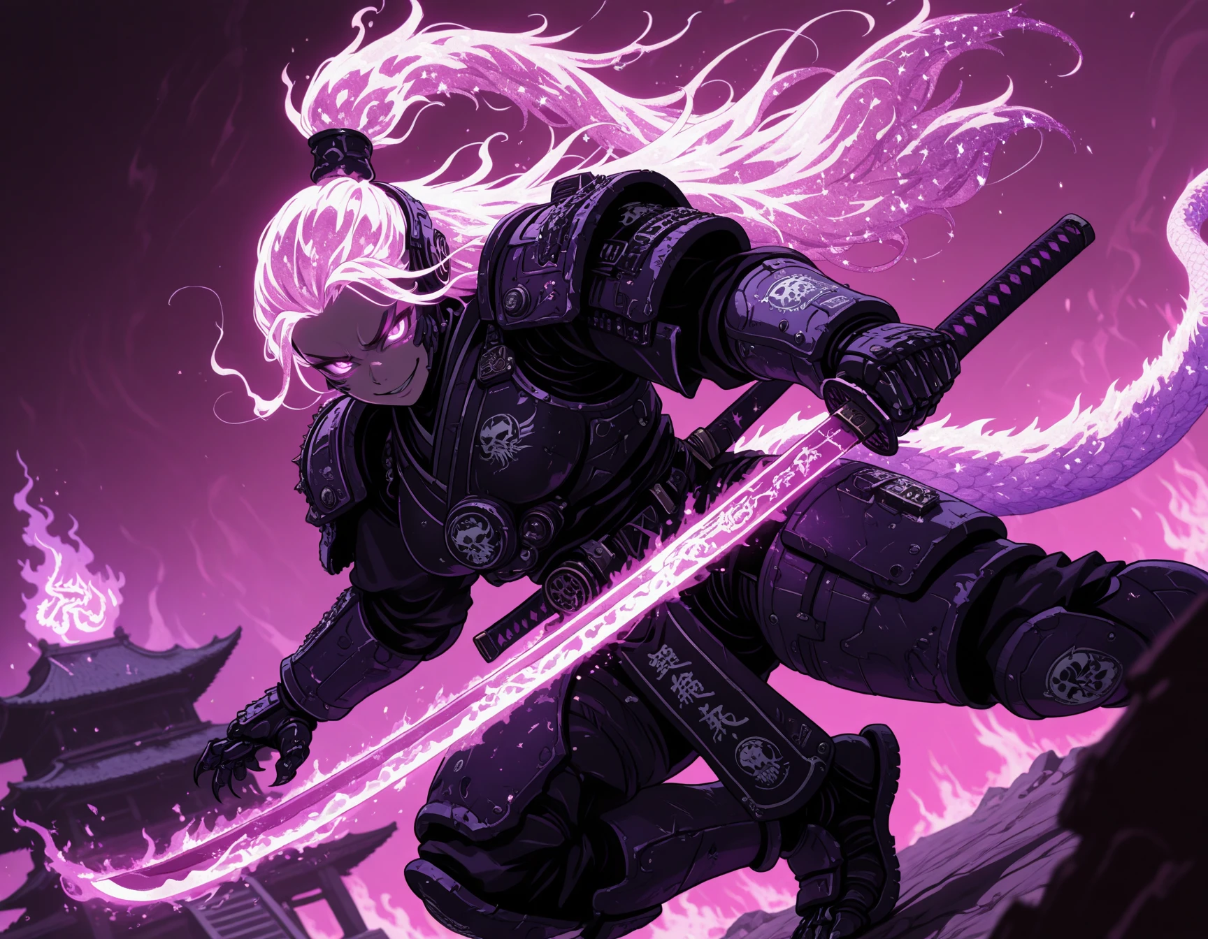 Flatline, Flat vector illustration,,masterpiece, best quality, good quality, very aesthetic, absurdres, newest, 8K, depth of field, focused subject, dynamic angle, dutch angle, Tall female dragon samurai , purple glowing fire hair, glowing eyes, high tech warhammer 40k armor, full cyborg,dynamic pose, purple fire sparks,evil smile, wielding a burning katata, purple glowing katana, holographic purple dragon in background, holofoil glitter, faint, glowing, ethereal, neon hair, long hair, glowing hair, flowing hair, otherworldly glow, dangerous,cyber claws,tail, temple in background<lora:ElementalDragonSamuraiIL-000016:0.85> <lora:ck-shadow-circuit-IL:0.6> <lora:ZankuroIXLLight_v2:0.8>