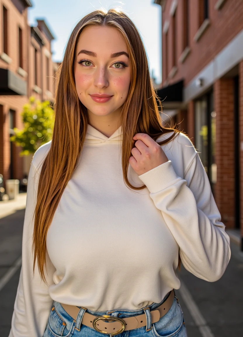 SFW, brightly lit, aidmaimageupgrader, A hyperrealistic close-up portrait of a woman wearing a soft, oversized hoodie and fitted high-waisted jeans, standing in an urban alleyway with warm golden sunlight filtering between the buildings. Her long, slightly tousled blonde hair falls naturally over her shoulders, a few strands catching the light. Her soft brown eyes are filled with quiet confidence, and her lips are curved into a faint, knowing smirk. She casually tugs at the edge of her hoodie sleeve, her relaxed posture enhancing her laid-back beauty. The blurred background features brick buildings with graffiti art, a coffee cup resting on a ledge nearby, and the faint outline of a bustling city in the distance. Ultra-detailed fabric textures, extreme realism in skin and hair, soft cinematic lighting enhancing depth and atmosphere.<lora:pony\Letha_Weapons_Pony_-_Adult_Actress_and_Model.safetensors:1.0:1.0> <lora:flux\custom\adult\hazel-may38.safetensors:1.09:1.09> <lora:turbo-8-step-flux.safetensors:0.5:0.5> <lora:flux\style\Common\aidmaImageUprader-FLUX-v0.3.safetensors:0.25:0.25>