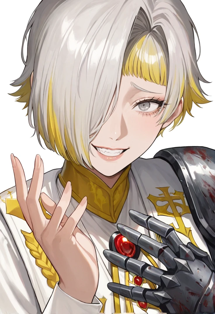 masterpiece, perfect face, beautiful face, perfect hands, beautiful hands, realistic, <lora:Kromer_Limbus_Illustrious:1>, 1girl, solo, KromerLimbus, multicolored hair, white hair, yellow hair, short hair, hair over one eye, grey eyes, KromerNcorp, single armored glove, single armored shoulder, white shirt, white vest, white cape, upper body, portrait, simple white background, looking at viewer, mad grin