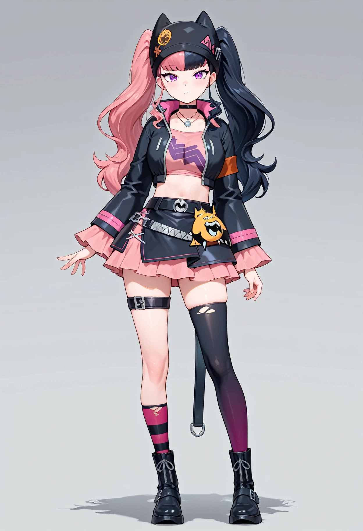 ((best quality)), ((highly detailed)), extremely detailed face, beautiful face, , (1girl), solo, different views, full body, ((wide shot)), <lora:hairdetailer:.5>, <lora:Zoe_Rayne_Palworld:.75>, Zoe_Rayne, long hair, multicolored hair, two-tone hair, split-color hair, twintails, pink eyes, smiling, black hat, animal ear headwear, black choker, necklace, pendant, midriff, crop top, black jacket, cropped jacket, belt, black skirt, miniskirt, (indoors, in an office, office lady, desk)