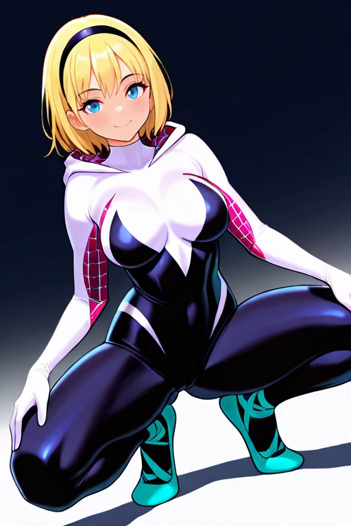 masterpiece, High quality, Ultra detailed, 2d, newest, absurdres, highres, BREAK
1girl, solo, superhero, <lora:Spider_Gwen:0.8>, ghost_spider_(spider-verse), short hair, blonde hair, hairband, blue eyes,
large breasts, GwenDef, bodysuit, hooded bodysuit, spider web print, skin tight, ballet slippers,
standing, full body, smile, spread legs, squatting, looking at viewer,