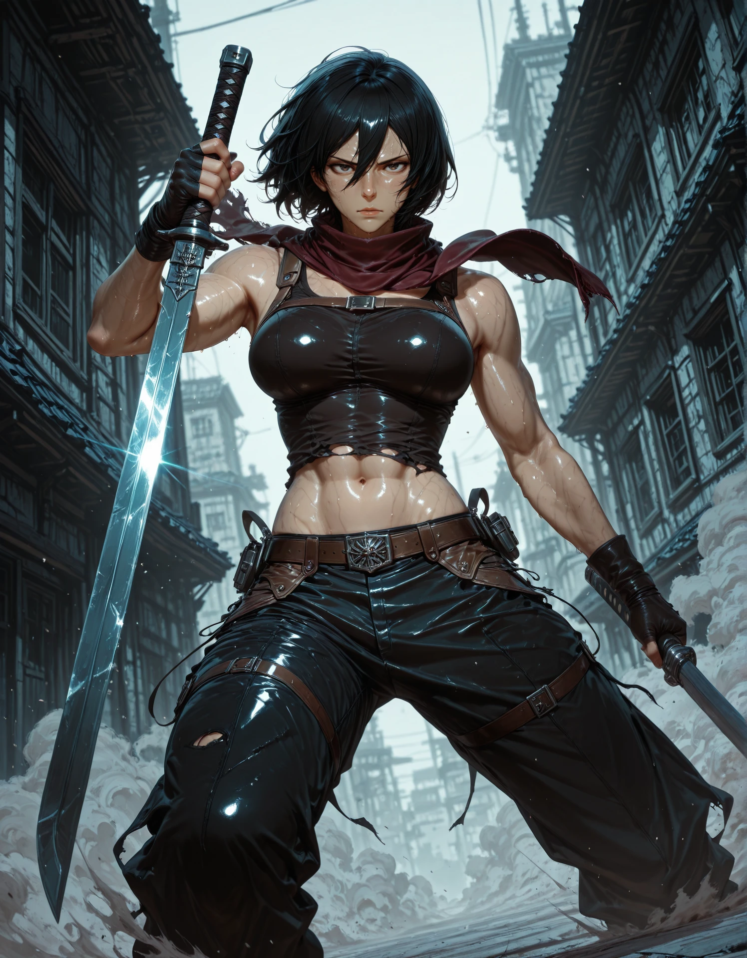 masterpiece, best quality,high quality, newest, highres,8K,HDR,absurdres, 1girl, mikasa ackerman, tank top, baggy pants, fingerless gloves, navel, pants, holding swords, on a building roof,, sweaty, shiny skin, limited palette, intense expression, dynamic pose, dramatic lighting, strong depth of field, wind-blown hair, torn fabric, gritty realism, cinematic shot, dutch angle, foreshortening, blurred background, dust particles., detailed background, dynamic pose, dynamic composition,dutch angle, detailed backgroud,foreshortening,blurry edges <lora:iLLMythG0thicL1nes:1> G0thicL1nes