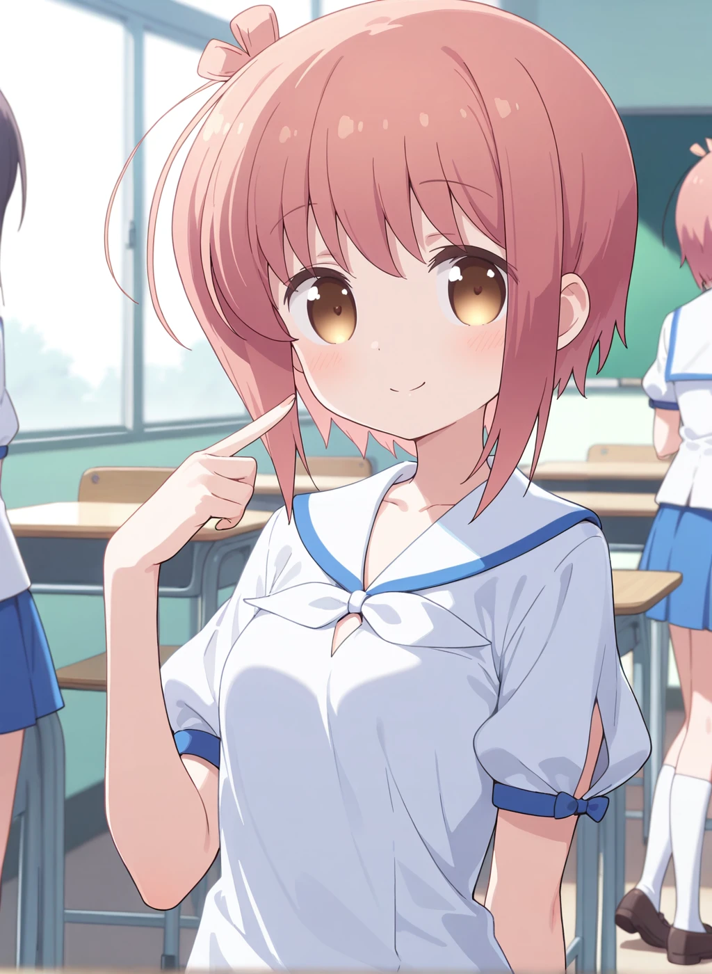 High quality,Ultra detailed,best quality,insanely detailed,beautiful,masterpiece,highres,absurdres,very aesthetic,very awa,sensitive BREAK
<lora:ichinose_hana_V1_IL:1>,(ichinose hana, slow start, pink hair, short hair, brown eyes, sidelocks,small breasts),(summer uniform,puffy short sleeves,pleated skirt,blue skirt,white sailor collar,loafers,white kneehighs,v-neck, clothing cutout, ),1girl,solo,smile,posing,solo focus,(upper body,looking at viewer,school,classroom,indoors),