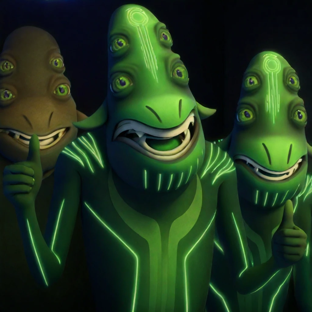 Stuart-A, alien, monster, multiple eyes, 1boy, solo focus, green skin, glowing markings, green eyes, teeth, fangs, smiling, thumbs up, realistic shading, detailed, 2d, illustration, looking at viewer,