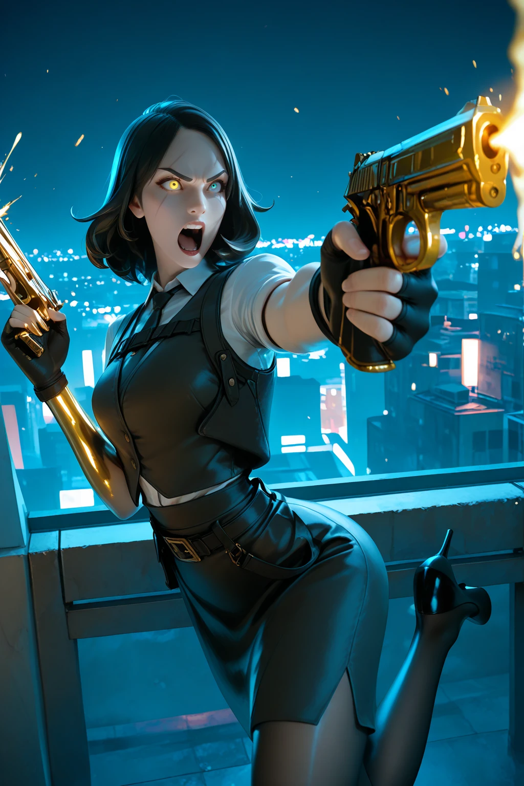 masterpiece, good quality, best quality, very awa, very as2, absurdres, highres
<lora:Fortnite MarigoldilluLoRA:1>mrigld, short hair, heterochromia, scar over eye, vest, shirt, necktie, fingerless gloves, golden finger, belt, skirt, pantyhose, golden arm, single golden glove, colored skin, high heels, holding golden guns, dynamic pose, fighting stance, blurry foreground, angry, open mouth, cityscape, at night, firing, aiming., dual wielding,