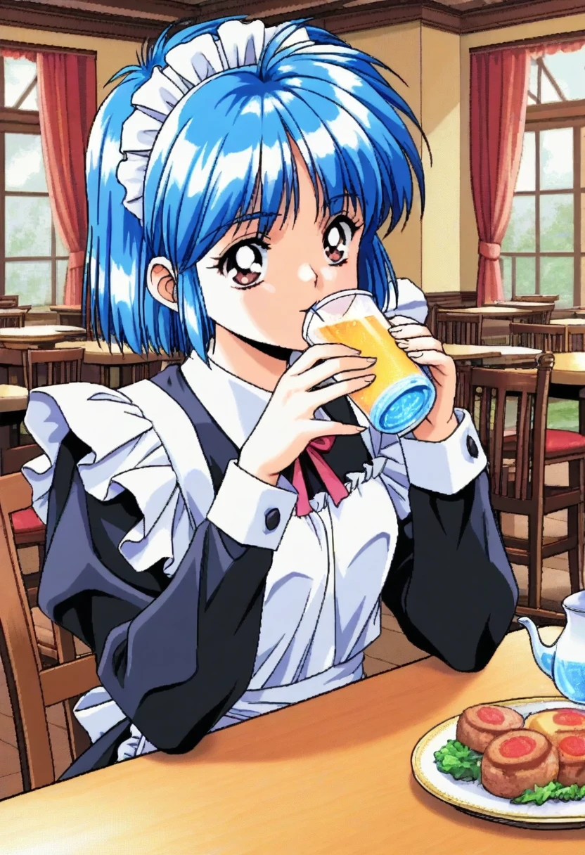 best quality, 1girl, fepds, pixel art, retro artstyle, blue hair, maid, drinking, <lora:fepds_xl10_il:1>