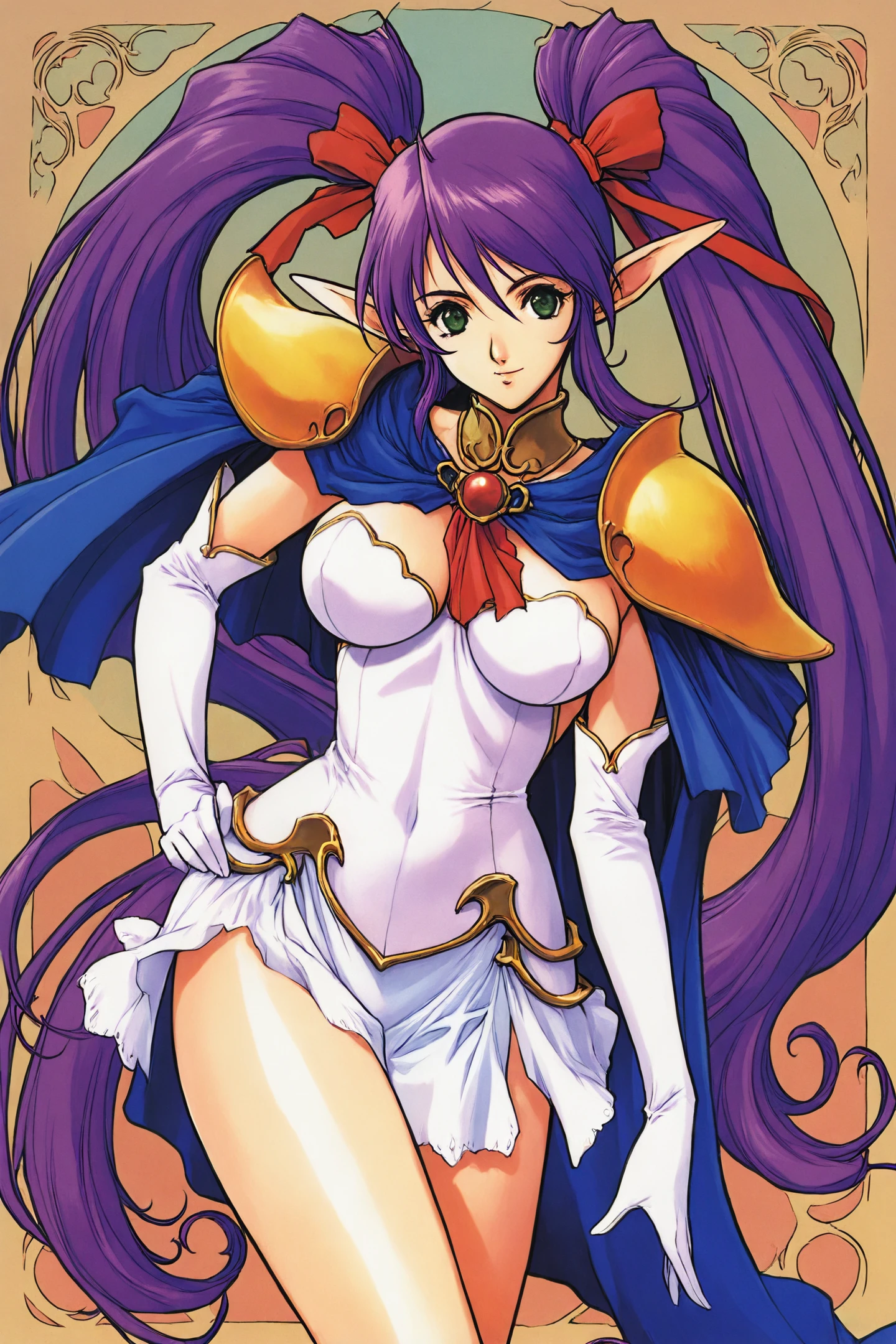 Reco,1girl,solo,long hair,gloves,purple hair,twintails,elbow gloves,large breasts,green eyes,gloves,cape,blue cape,very long hair,shoulder armor,looking at viewer,standing,pointy ears,hand on own hip,
<lora:yuuki nobuteru_illustriousXL:0.8>,
<lora:Mushihime sama_illustriousXL:0.6>,
